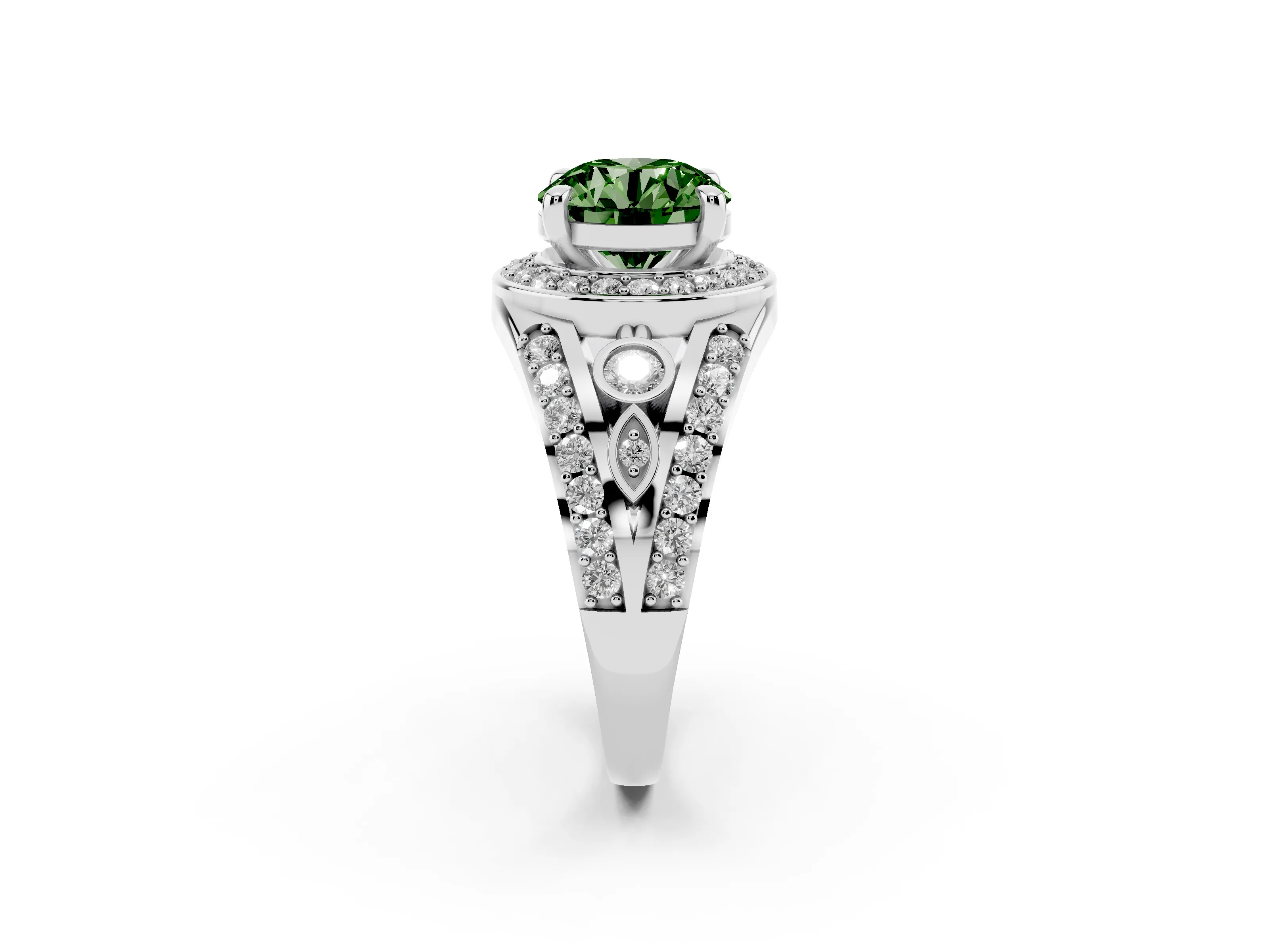 Fancy Green Round Cut Diamond Halo Ring Set in Silver with Pavé Split Shank and Bezel Accents