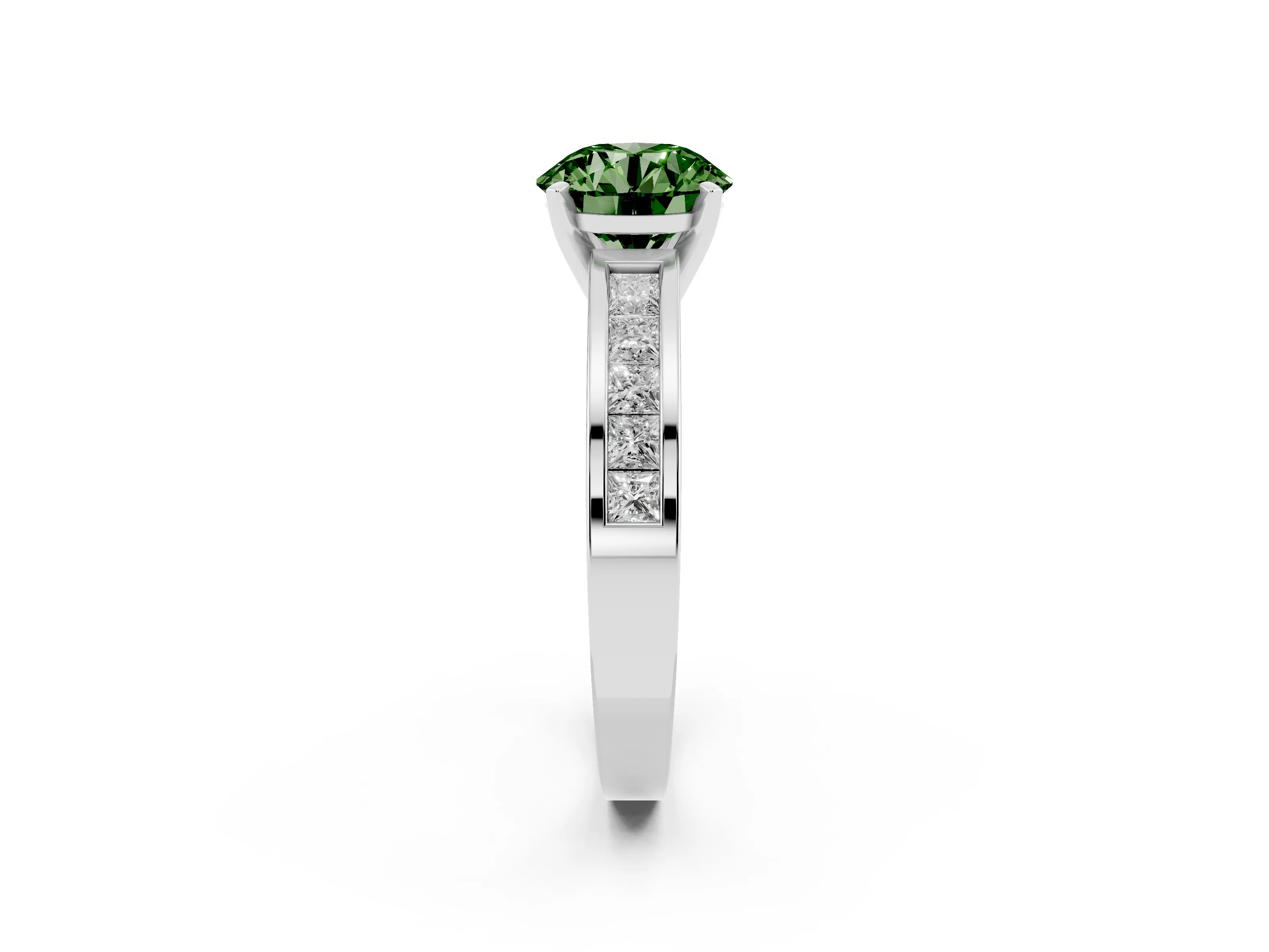 Fancy Green Round Cut Diamond Solitaire Ring Set in Platinum with Channel-Set Band and Prong Setting