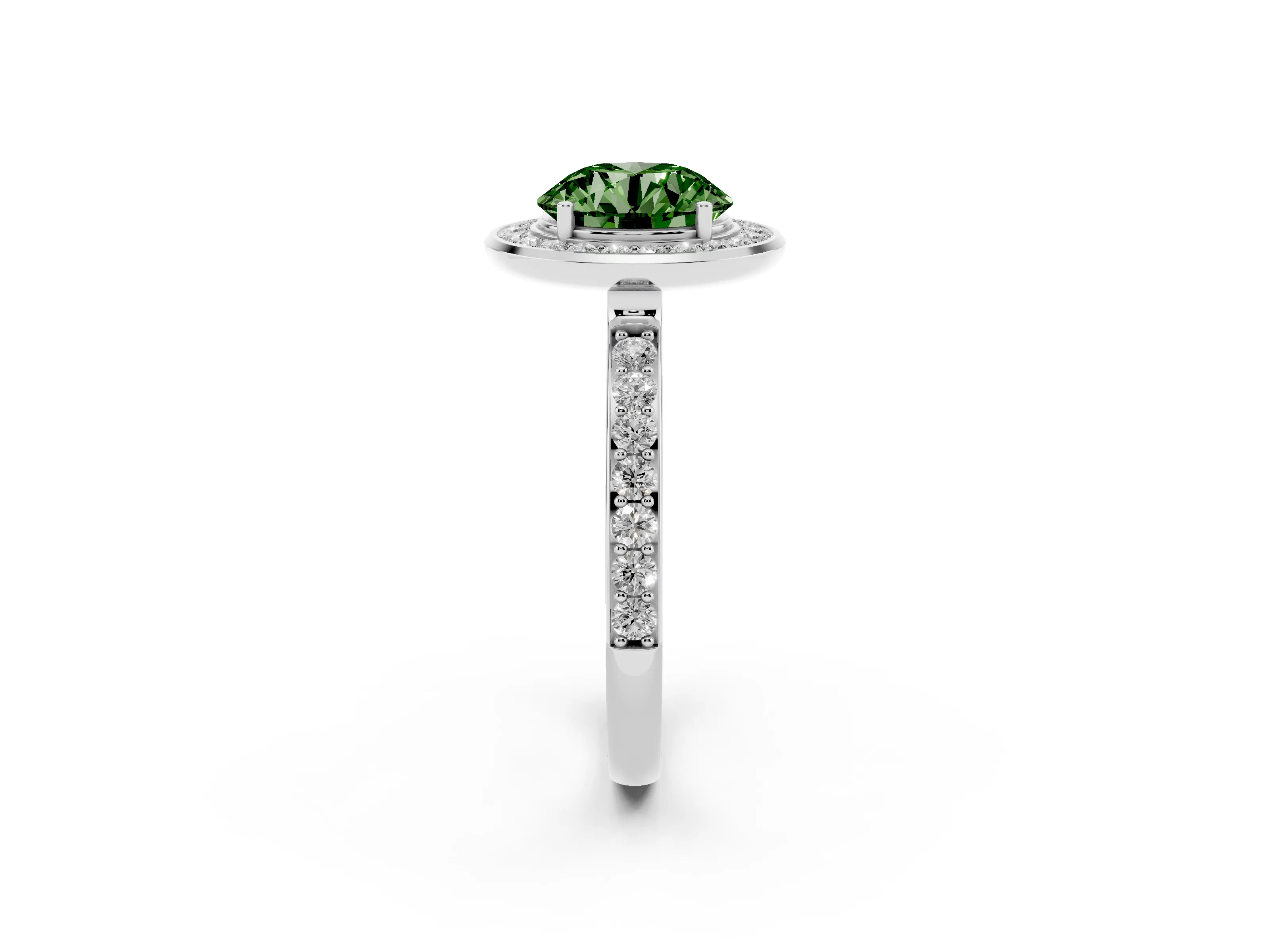 Fancy Green Round Cut Diamond Halo Ring Set in Silver with Bezel Frame and Pavé Band
