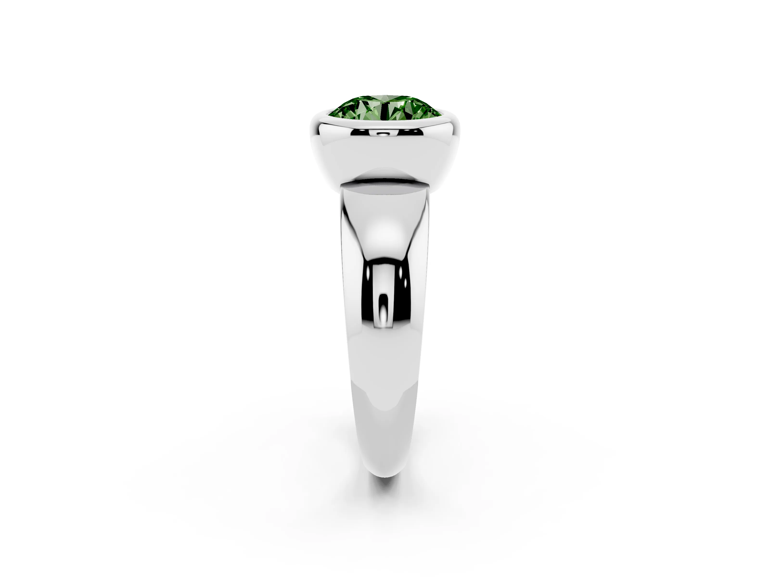Fancy Green Bezel Set Round Cut Diamond Solitaire Ring Set in Silver with Wide Band