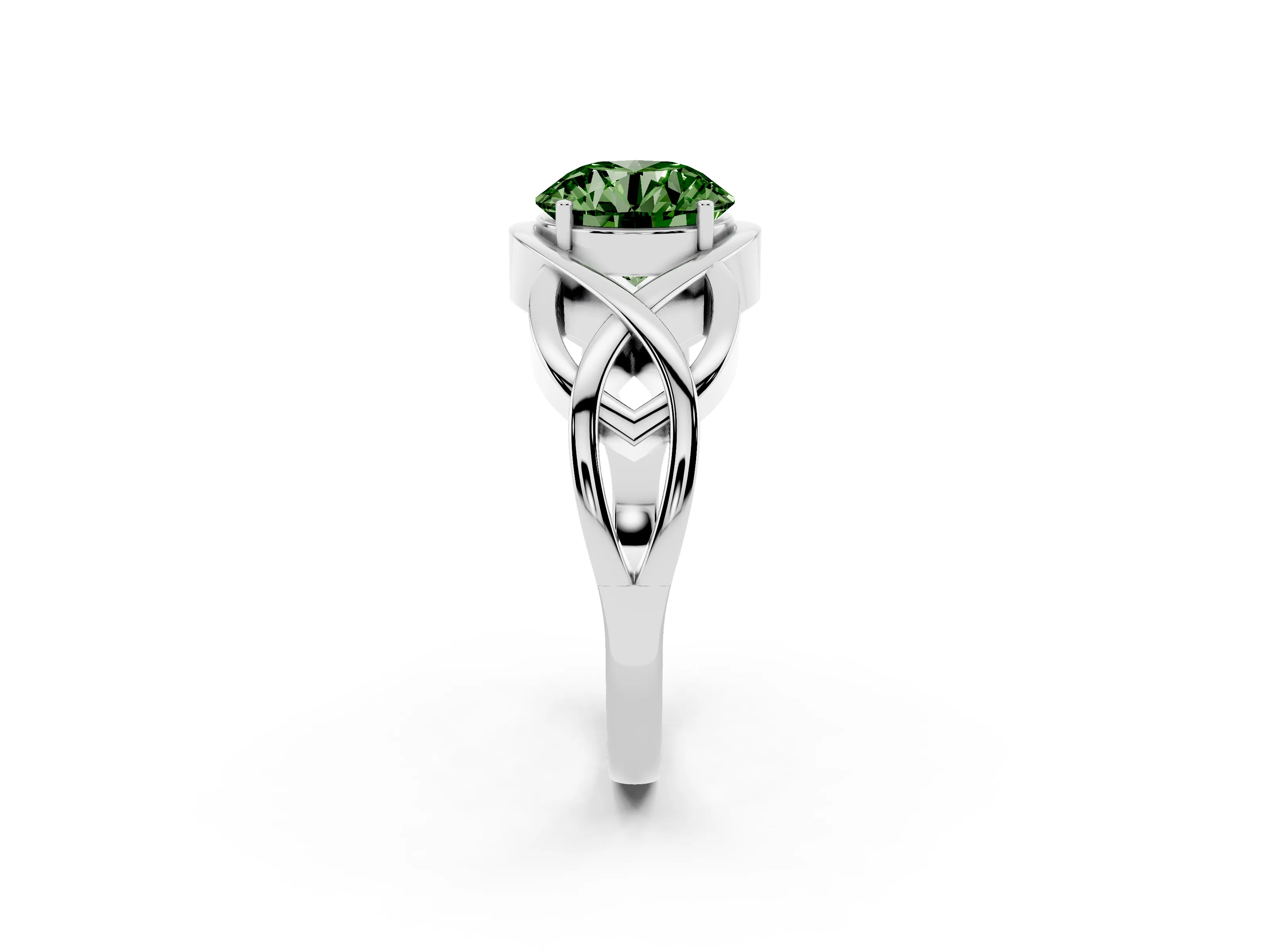 Fancy Green Round Cut Diamond Solitaire Ring Set in White gold with Intertwined Band
