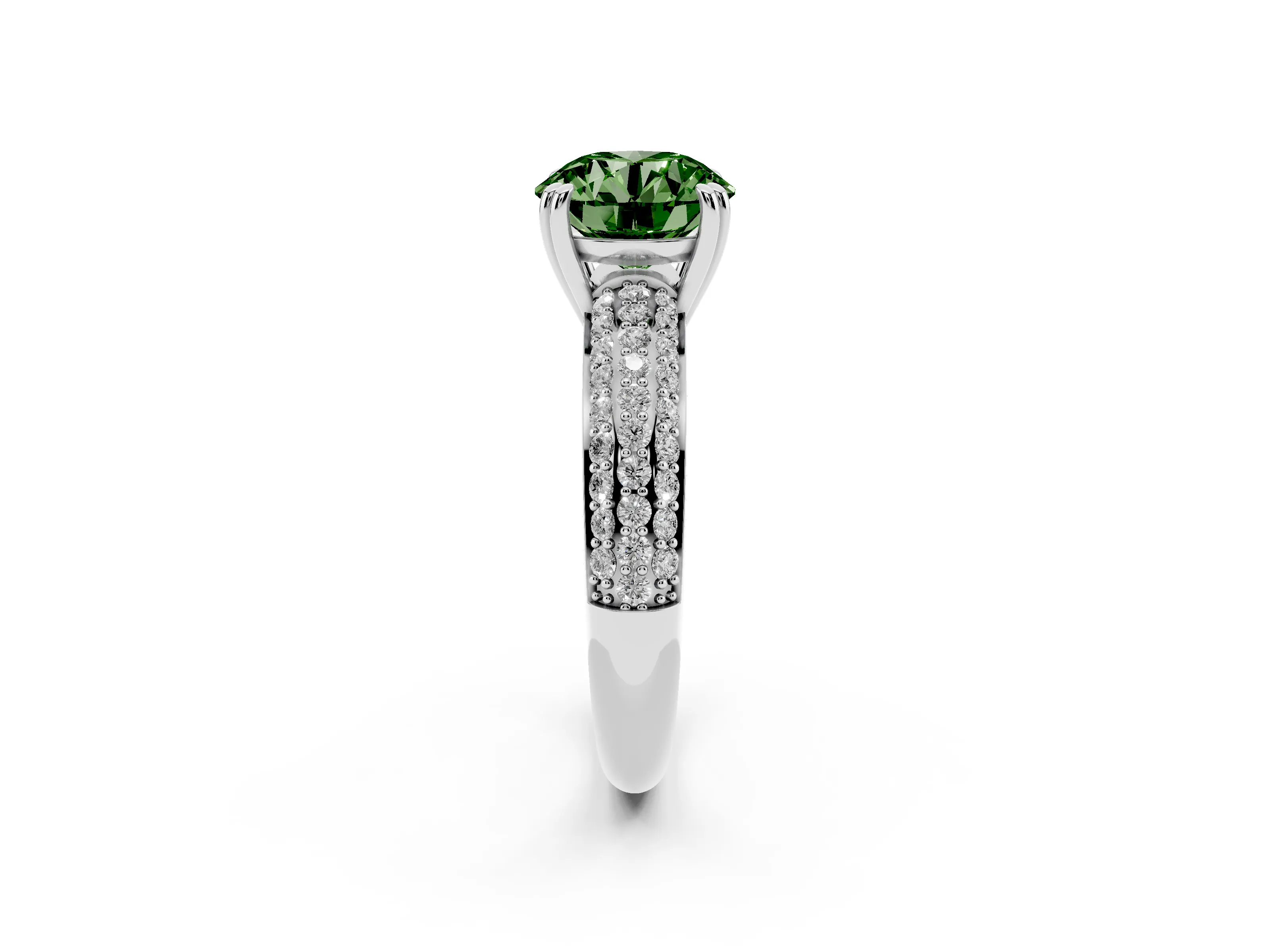 Fancy Green Round Cut Diamond Solitaire Ring Set in Silver with Multi-Row Round Pavé Band and Prong Setting