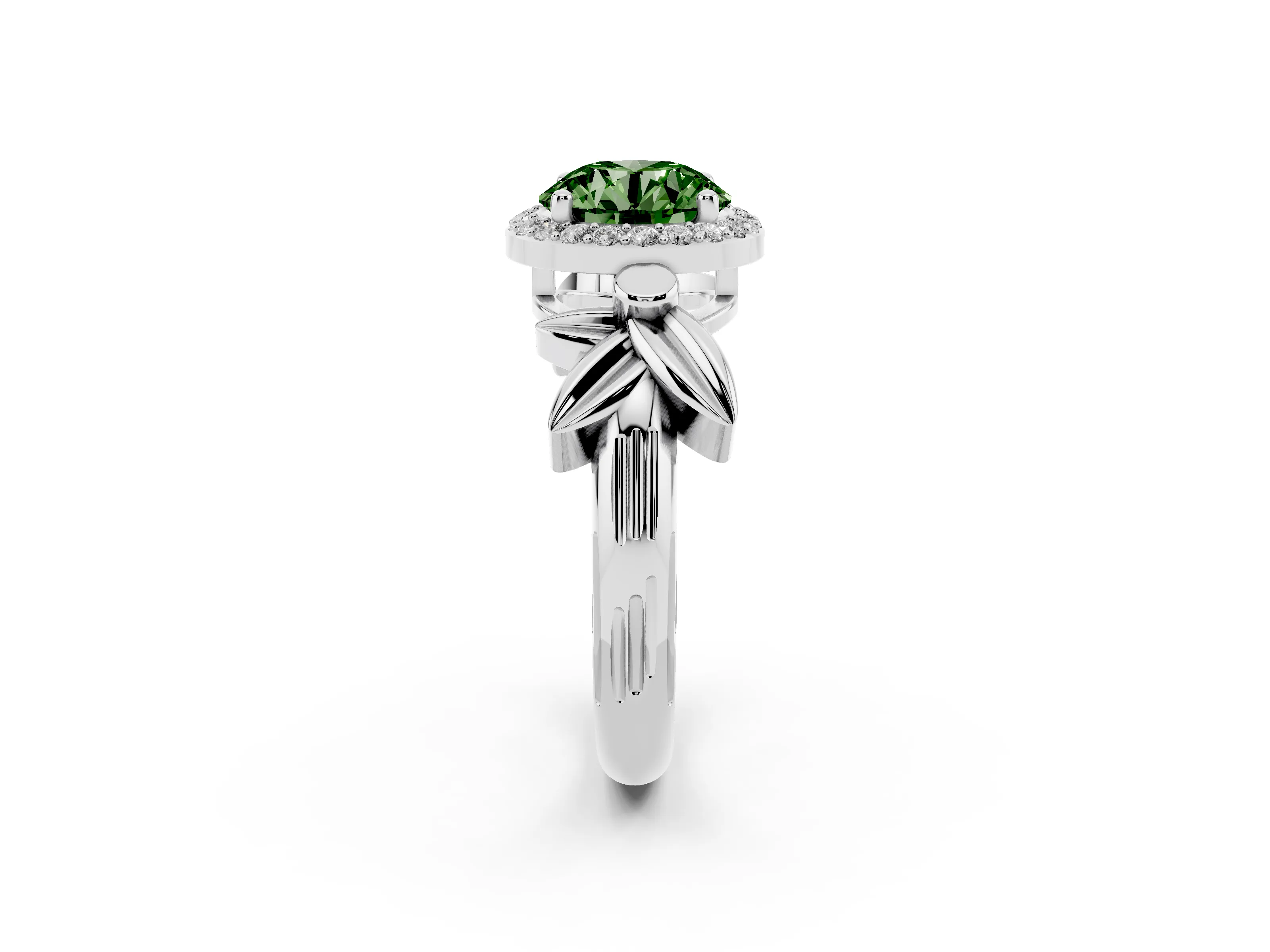 Fancy Green Round Cut Diamond Halo Floral Band Ring Set in Silver with Prong Setting