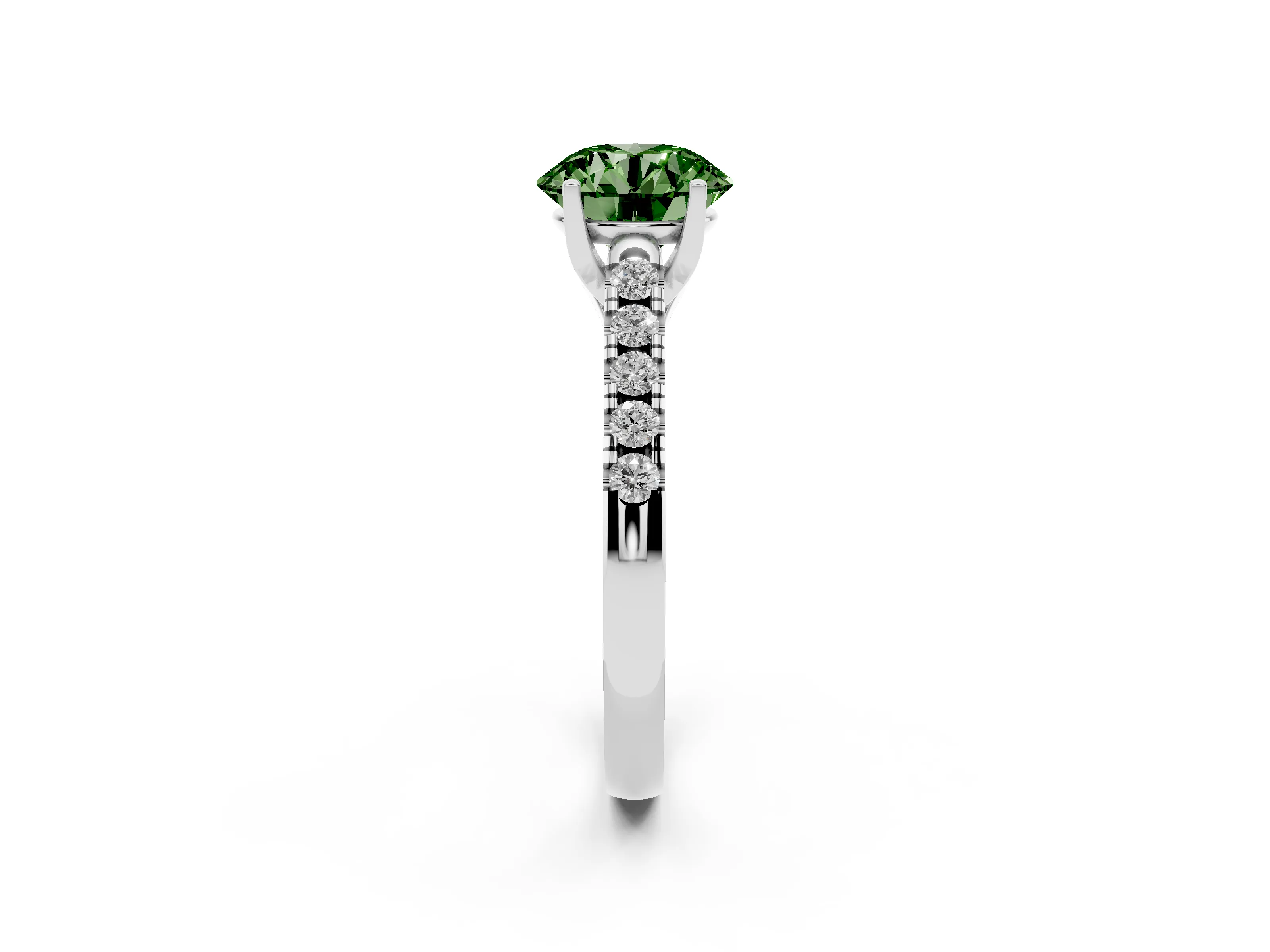 Fancy Green Round Cut Diamond Pavé Band Solitaire Ring Set in Platinum with Partway Accent Stones and Prong Setting