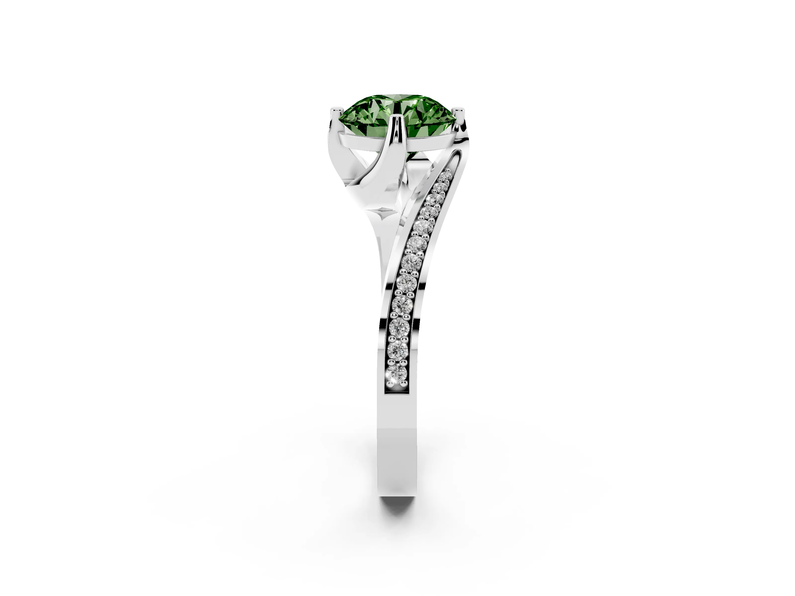 Fancy Green Round Cut Diamond Solitaire Ring Set in White gold with Intertwined Pavé Twist Band