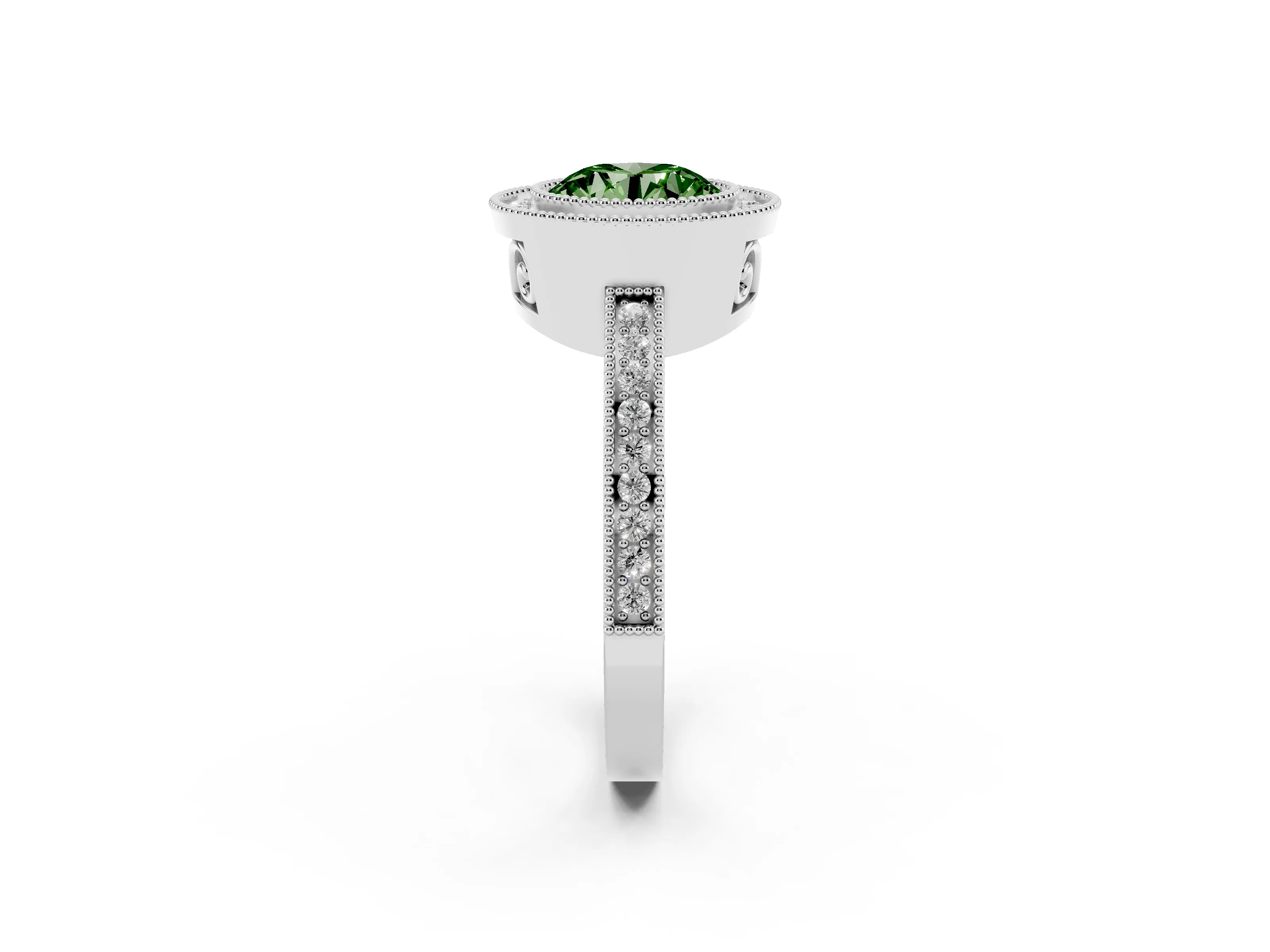 Fancy Green Round Cut Diamond Halo Ring Set in White gold with Pavé Band and Milgrain-Edged Prongs