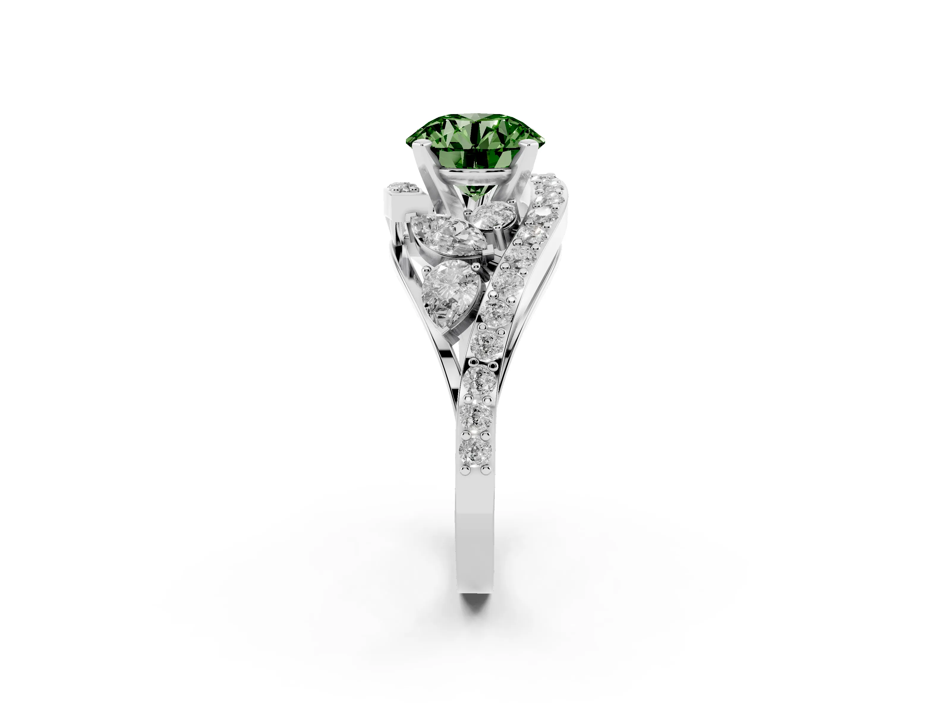 Fancy Green Round Cut Diamond Halo Ring Set in Platinum with Marquise and Pavé Band in Prong Setting