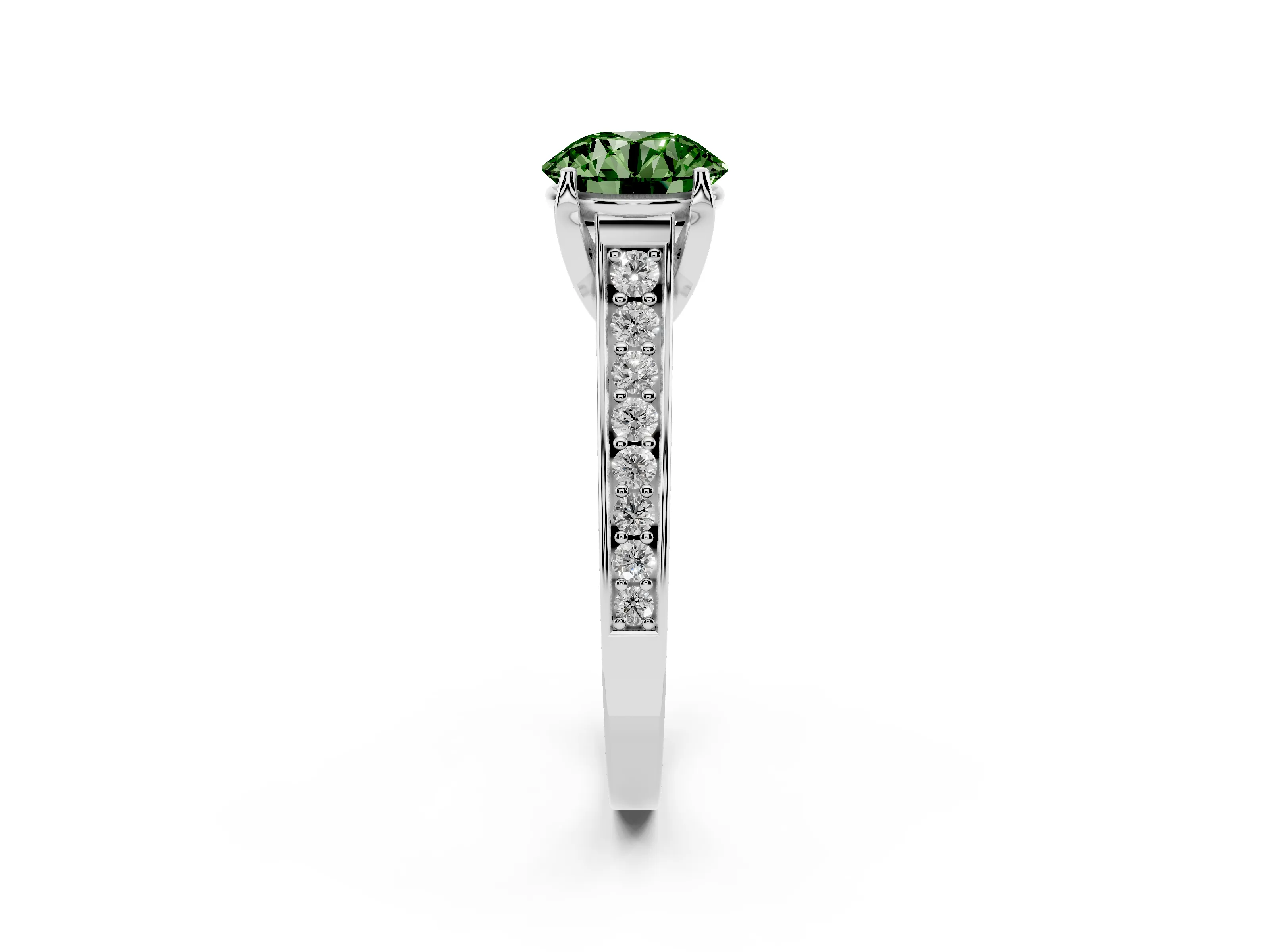 Fancy Green Round Cut Diamond Solitaire Pavé Engagement Ring Set in White gold with Prong Setting