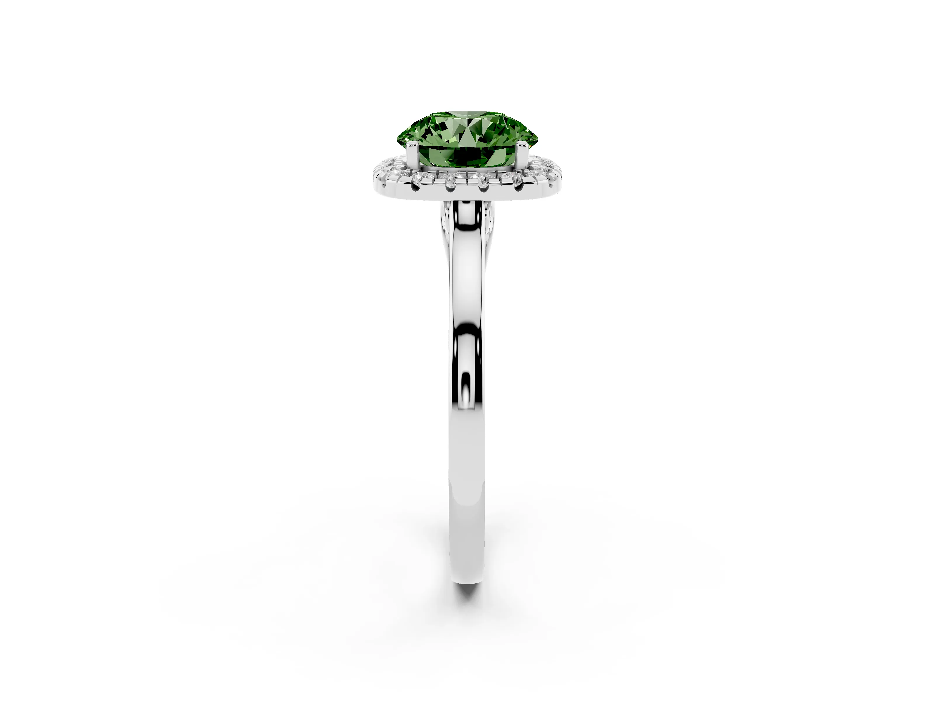 Fancy Green Round Cut Halo Round Diamond Solitaire Ring Set in Silver with Pavé Band and Prong Setting