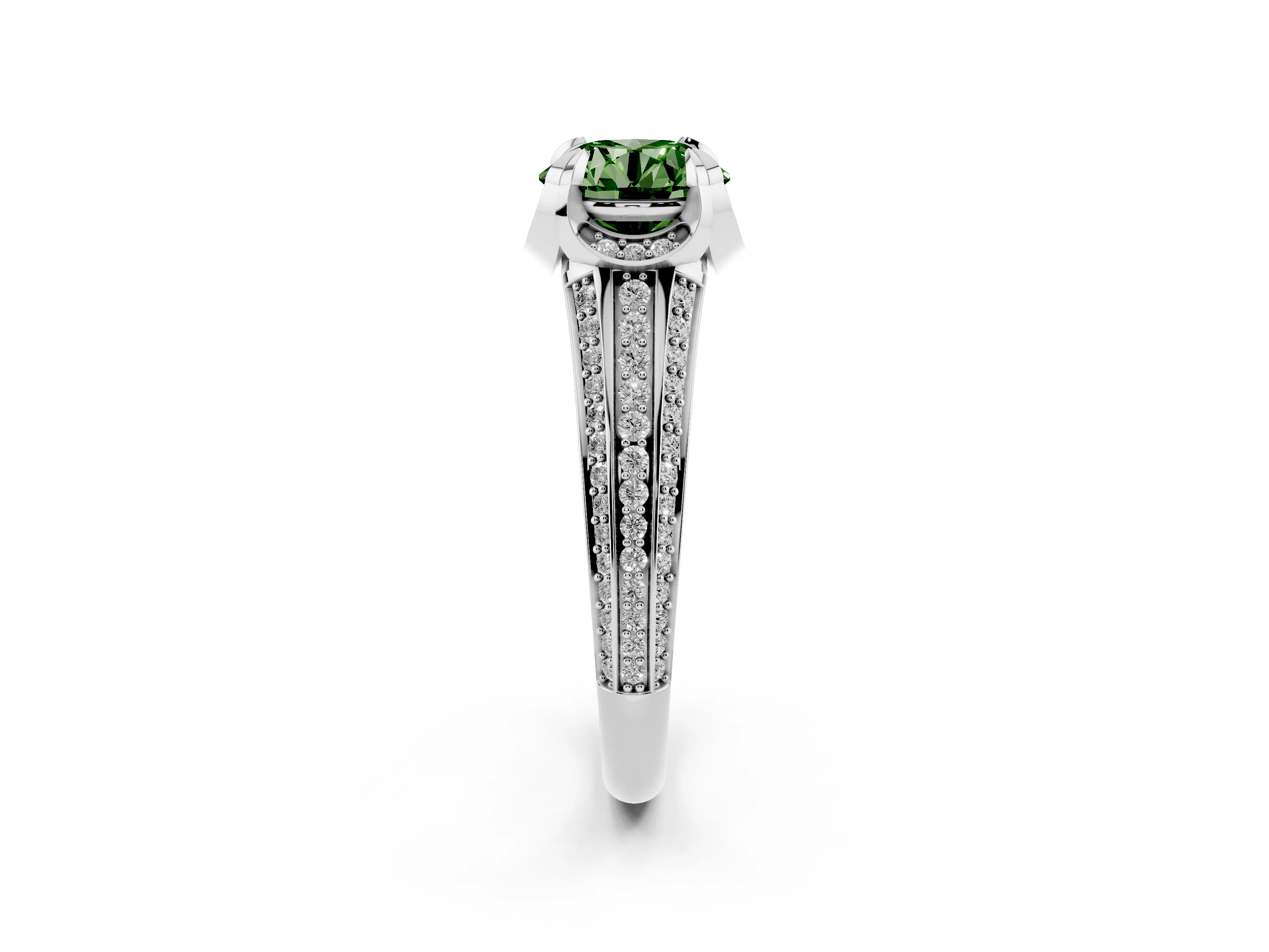 Fancy Green Round Cut Diamond Pavé Split Shank Solitaire Ring Set in Platinum with Prong Setting