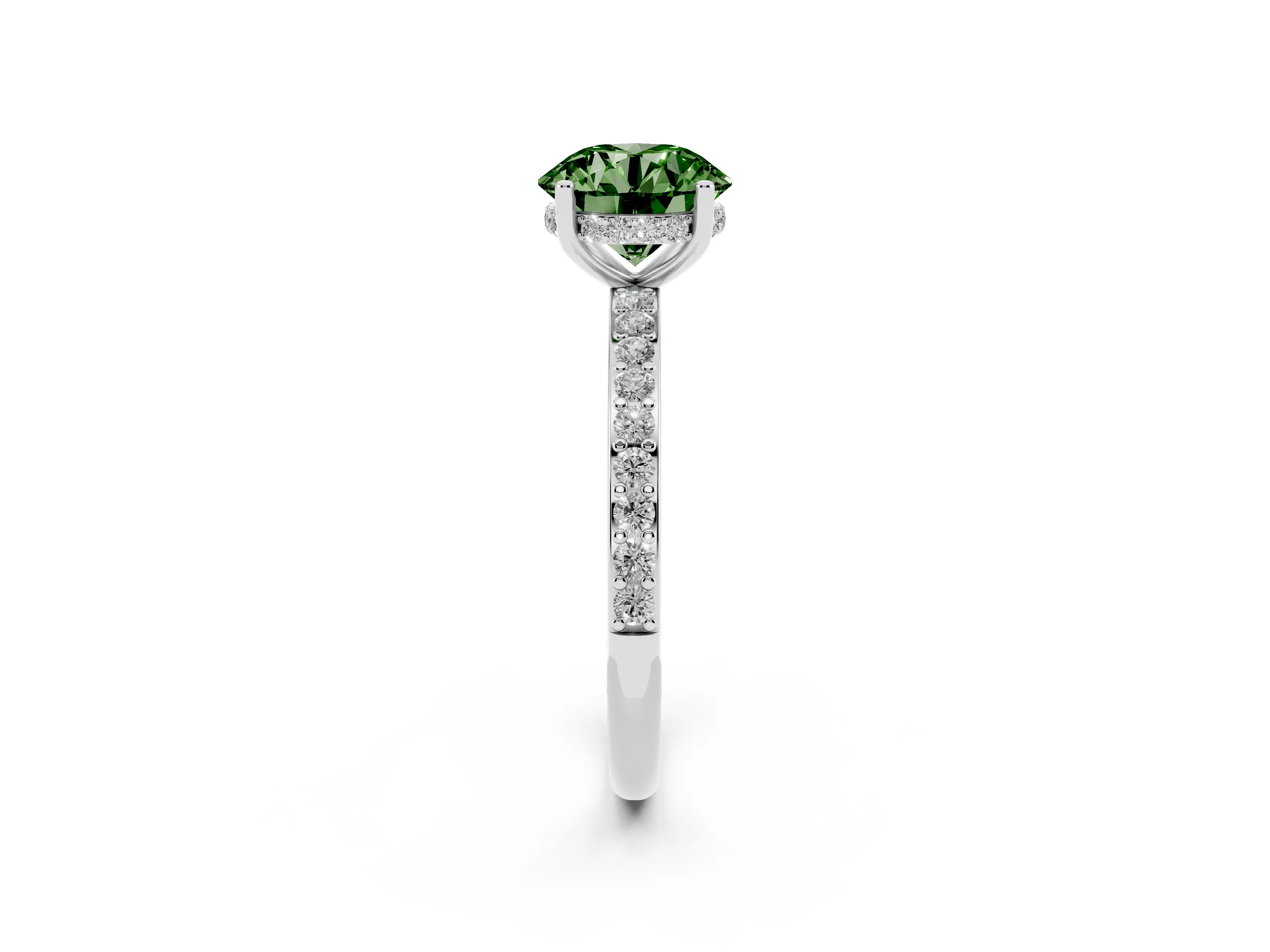 Fancy Green Round Cut Diamond Pavé Band Ring Set in White gold with Prong-Set Center Stone