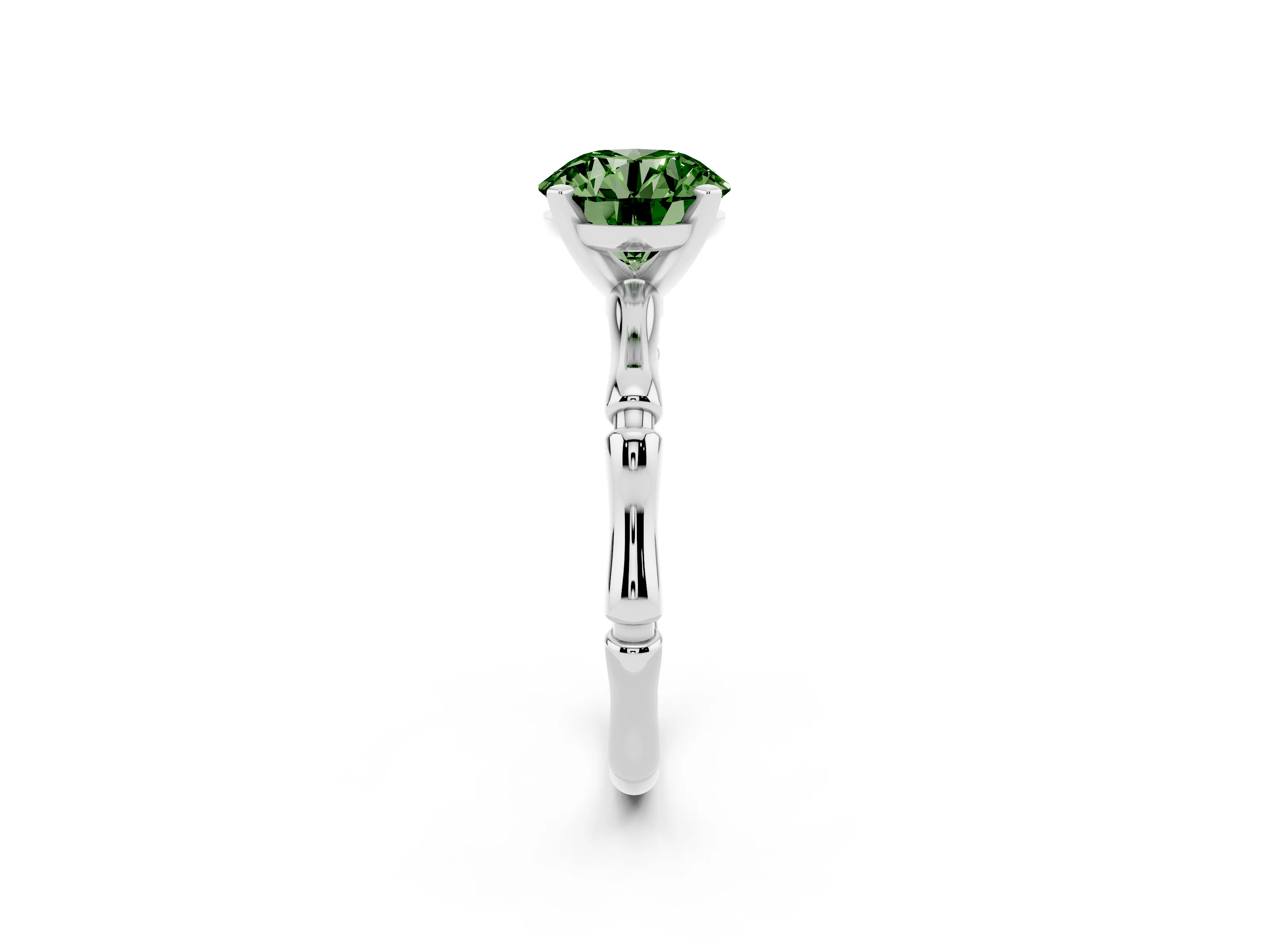 Fancy Green Round Cut Diamond Solitaire Ring Set in Silver with Bamboo Band and Prong Setting
