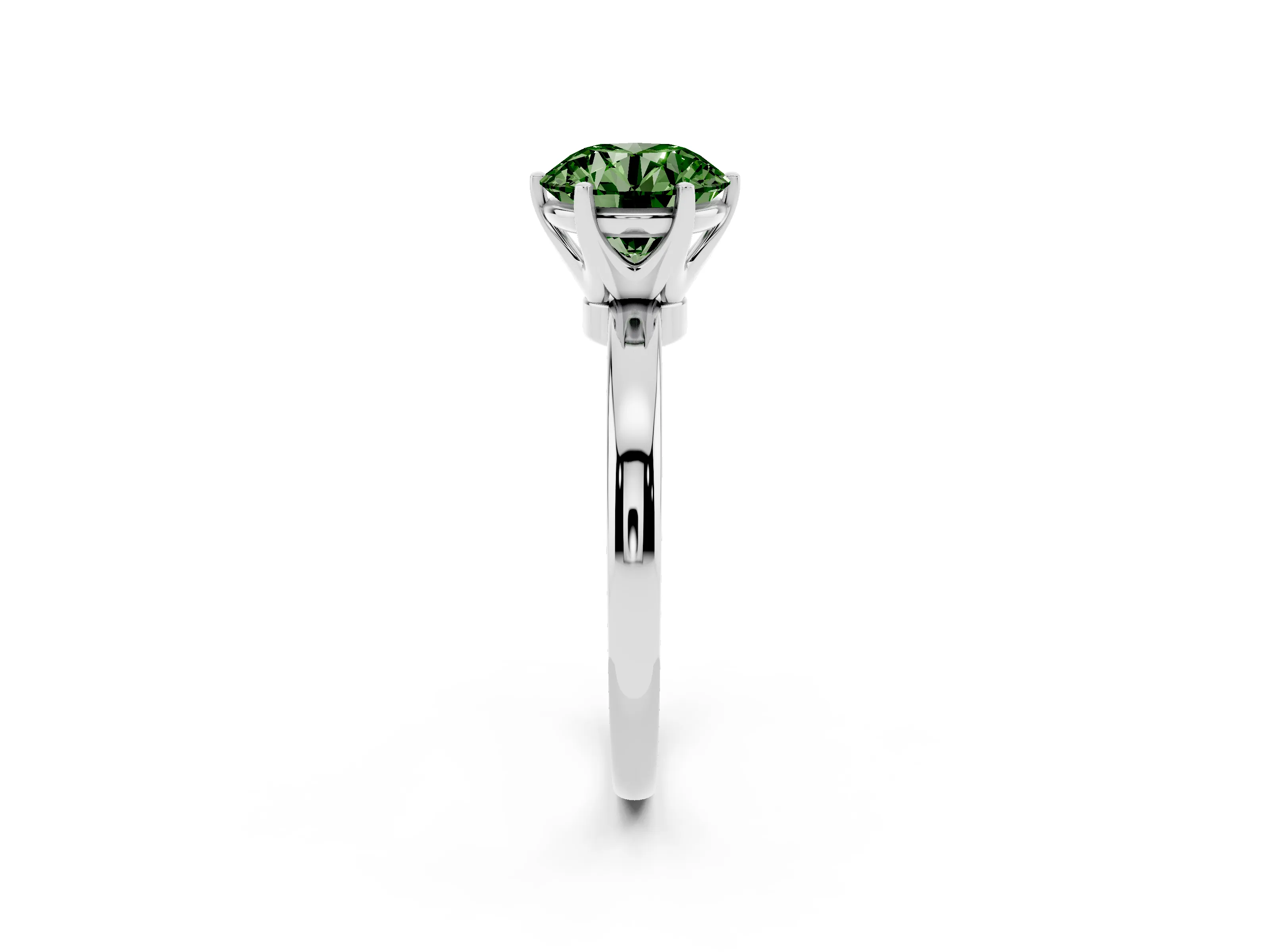 Fancy Green Round Cut Diamond Solitaire Ring Set in Platinum with Raised Prong Setting on a Classic Band