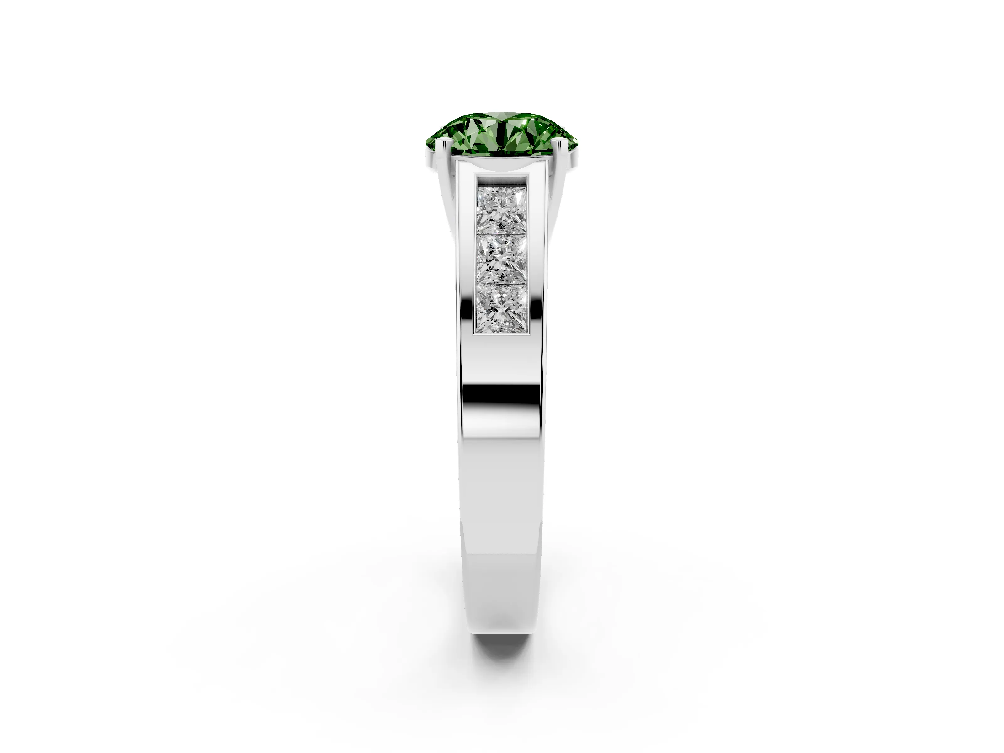 Fancy Green Round Cut Diamond Solitaire Ring Set in Silver with Channel-Set Accent Stones and Prong Setting