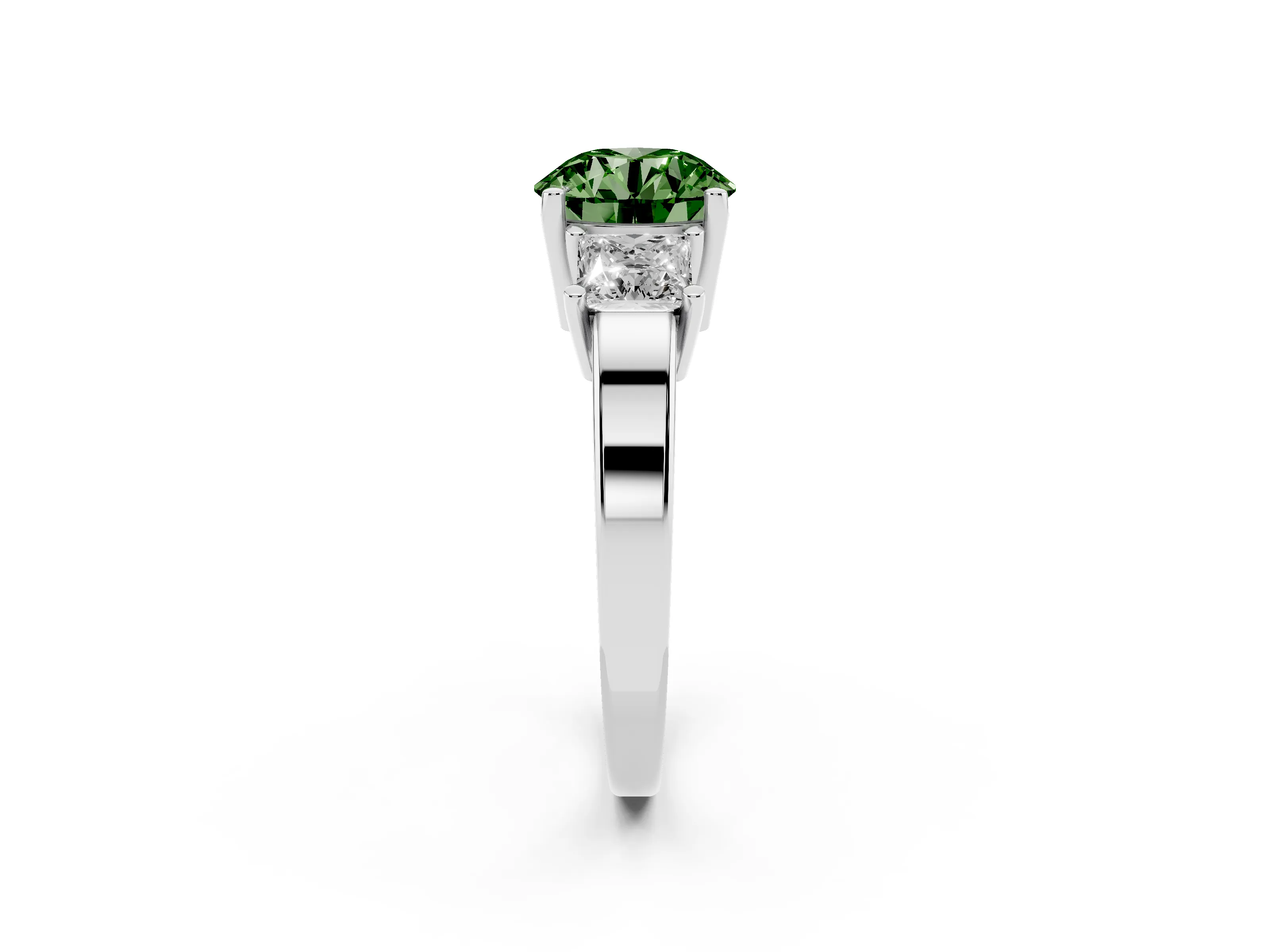 Fancy Green Three-Stone Round Cut Diamond Solitaire Ring Set in White gold with Prong Setting