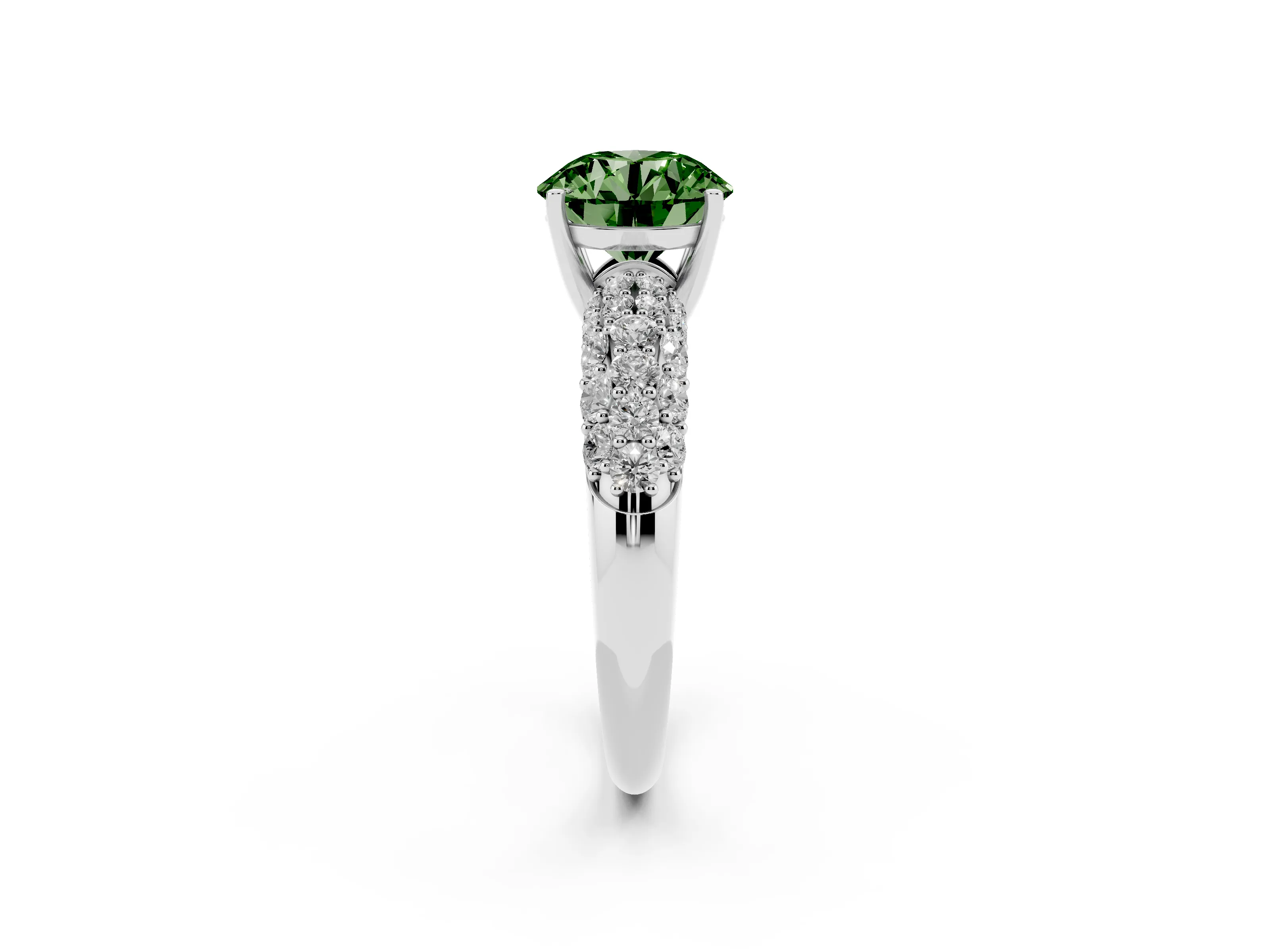 Fancy Green Round Cut Diamond Pavé Band Solitaire Ring Set in White gold with Close-Set Accent Stones and Prong Setting