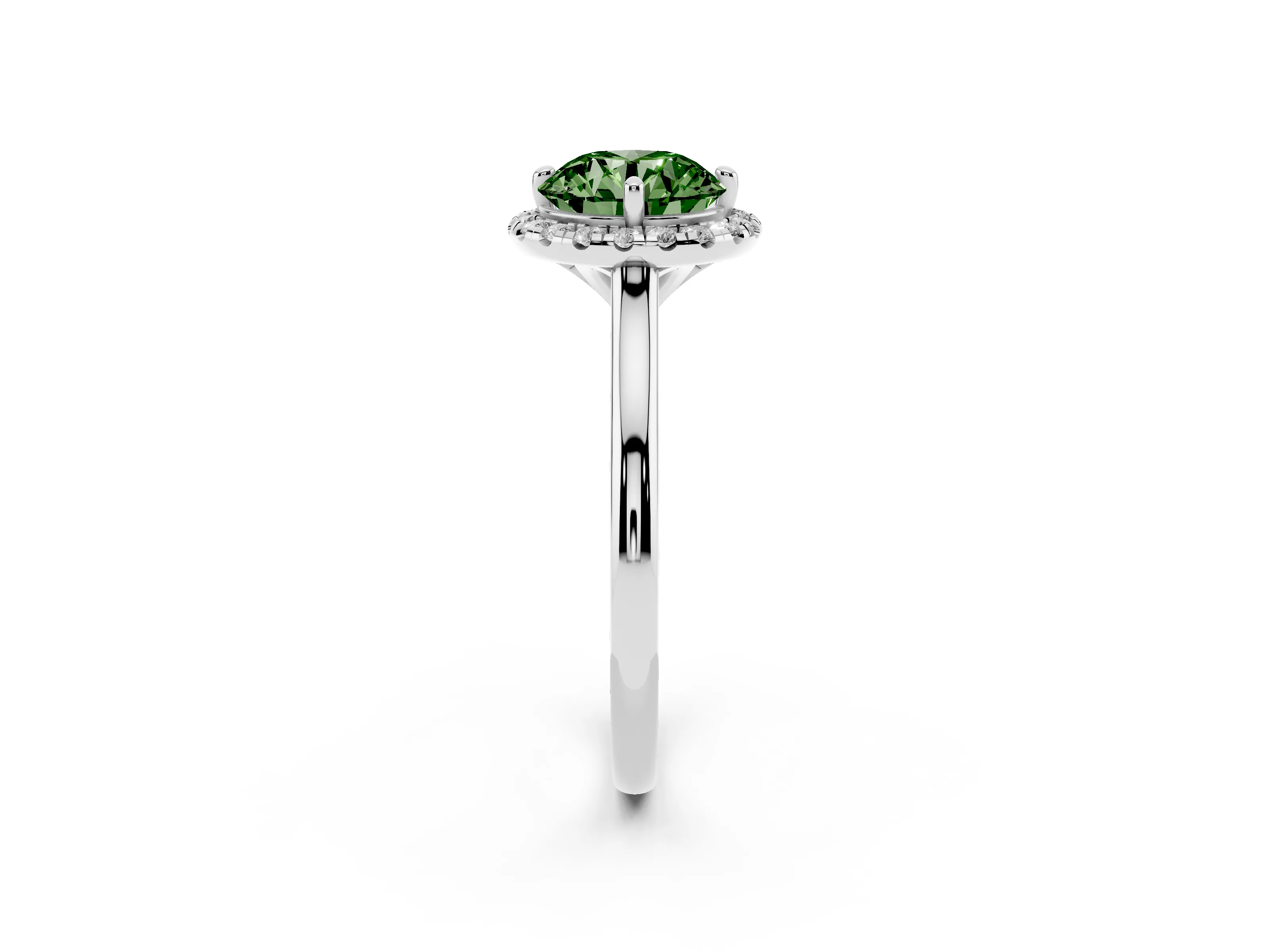 Fancy Green Round Cut Diamond Halo Engagement Ring Set in Platinum with Pavé Band and Rising Shoulders