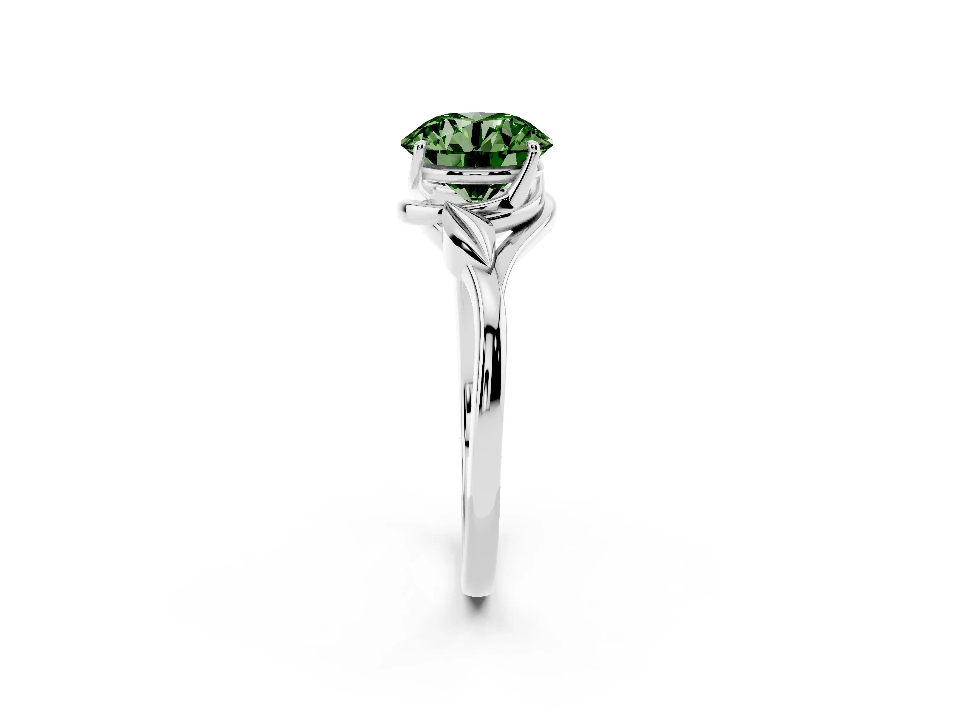 Fancy Green Round Cut Diamond Solitaire Ring Set in White gold with Polished Twist Band