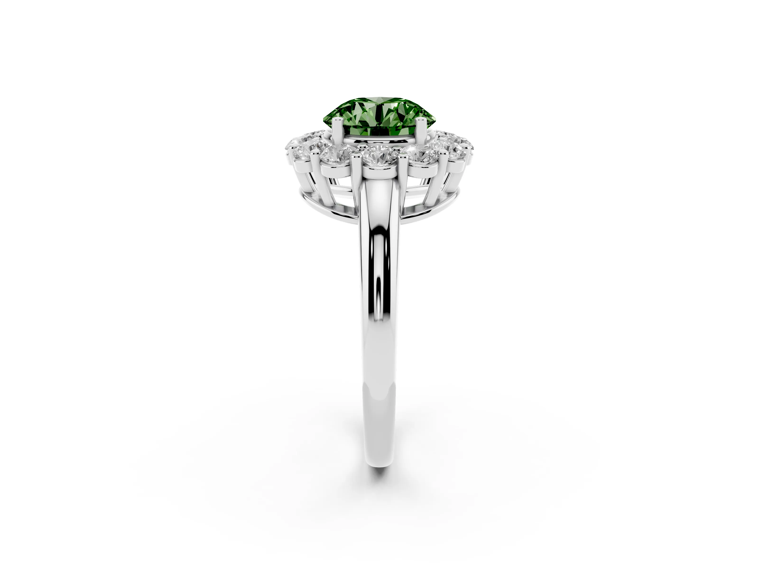 Fancy Green Round Cut Diamond Halo Cluster Engagement Ring Set in White gold with Polished Band and Prong Setting