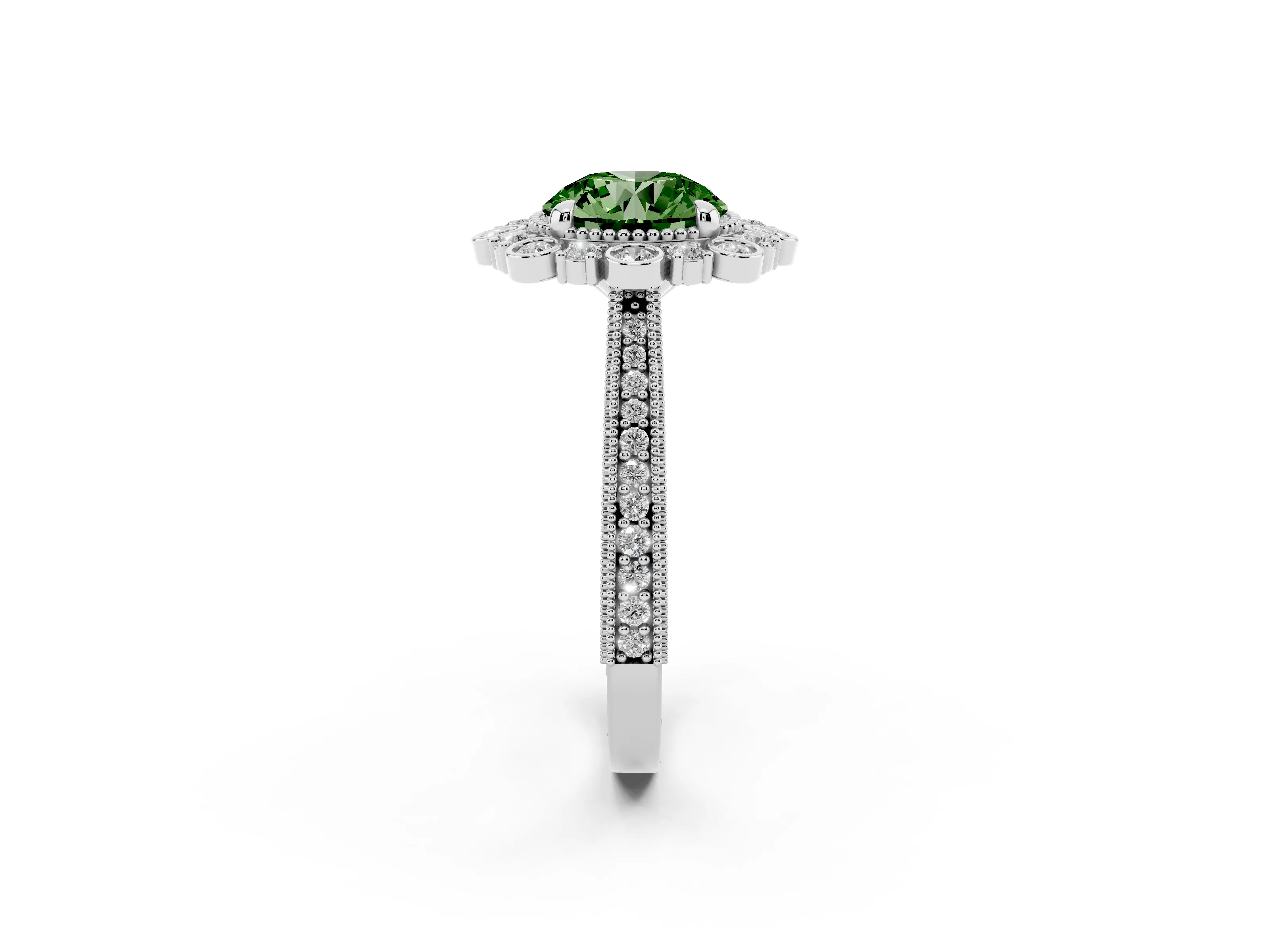 Fancy Green Round Cut Diamond Halo Milgrain Pavé Ring Set in White gold with Prong Setting