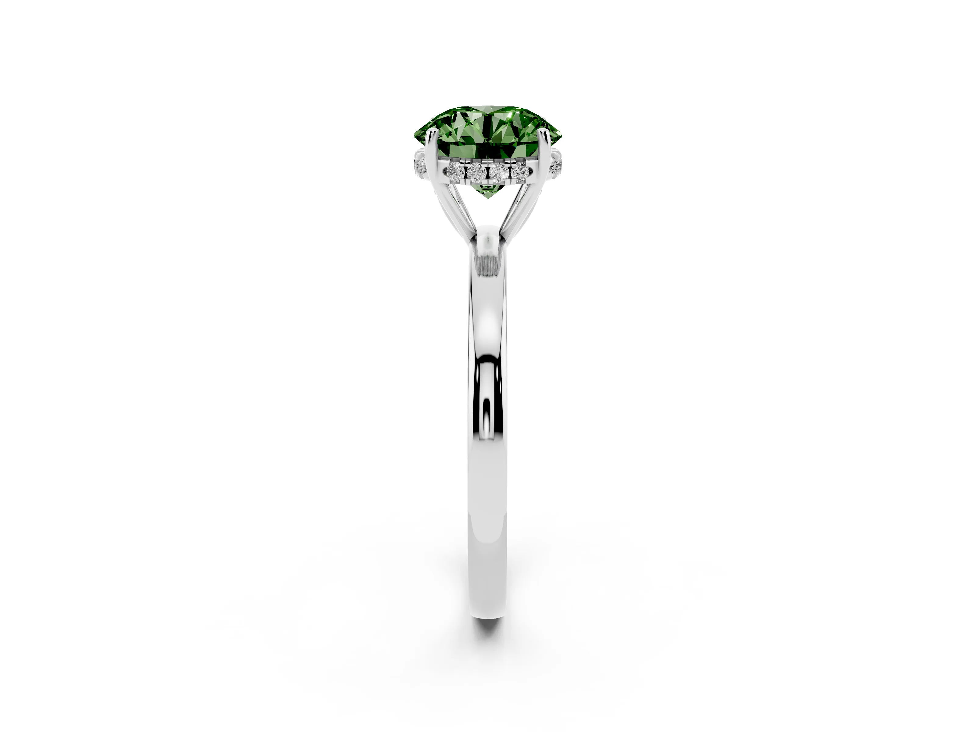 Fancy Green Round Cut Diamond Solitaire Ring Set in White gold with Plain Band and Prong Setting