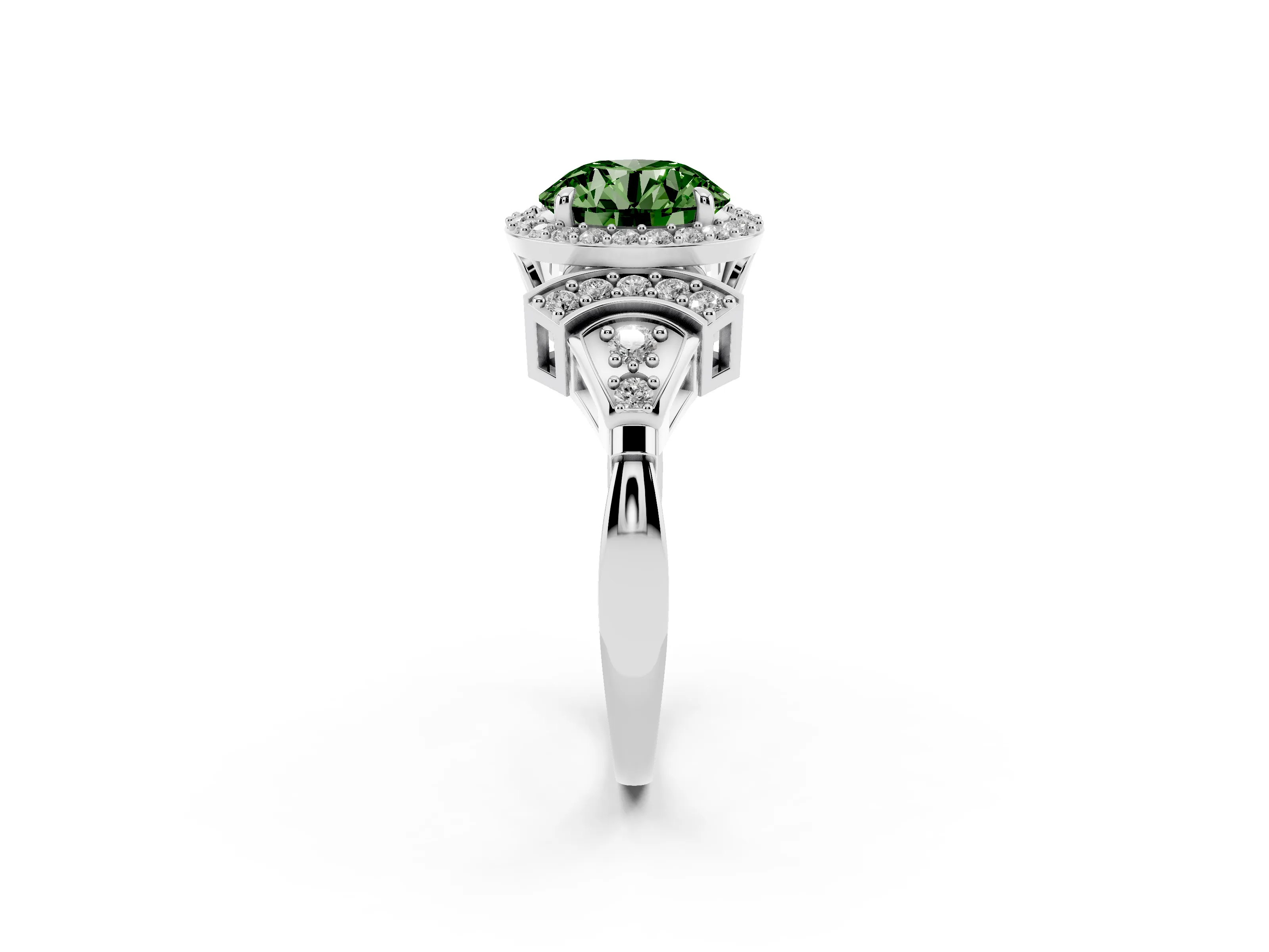 Fancy Green Round Cut Diamond Halo Engagement Ring Set in Platinum with Accent Stone Split Shank