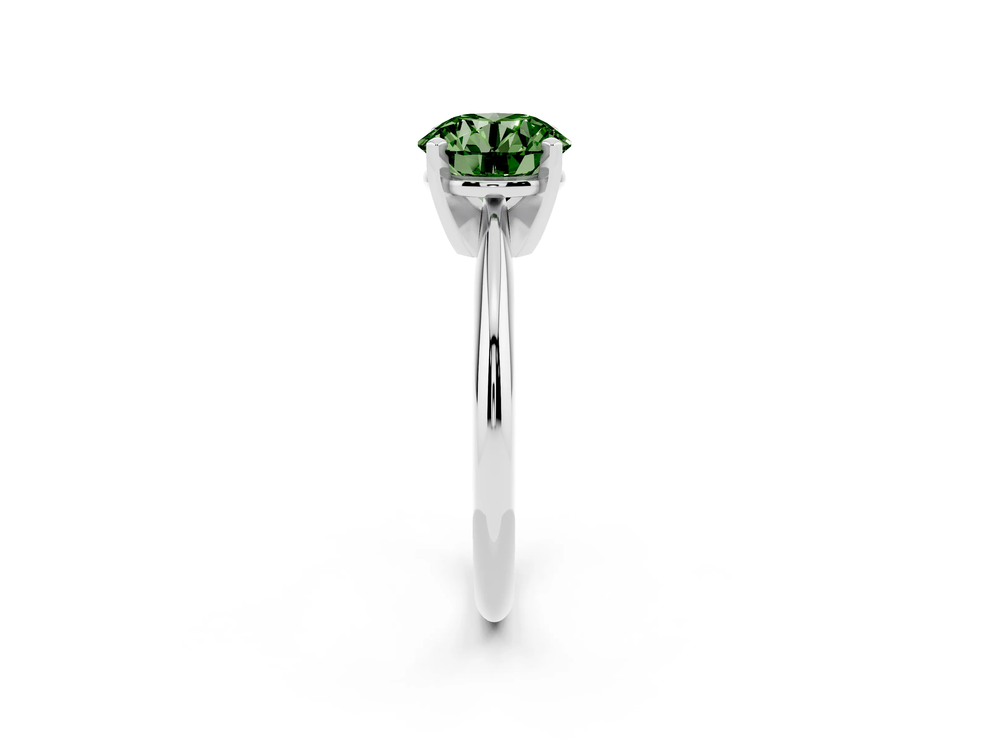 Fancy Green Round Cut Diamond Solitaire Ring Set in Platinum with Prong Setting on a Plain Round Band