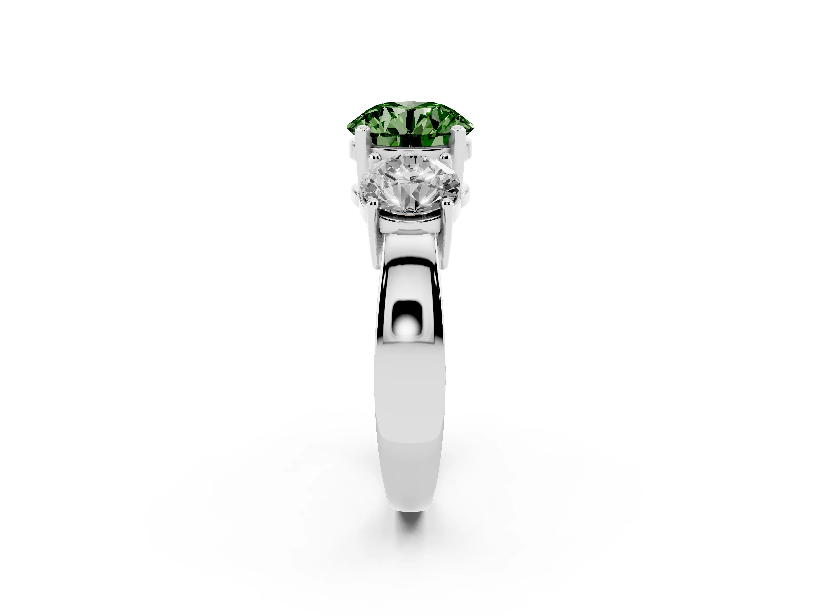 Fancy Green Round Cut Diamond Three-Stone Ring Set in Silver with Round Side Stones and Classic Band