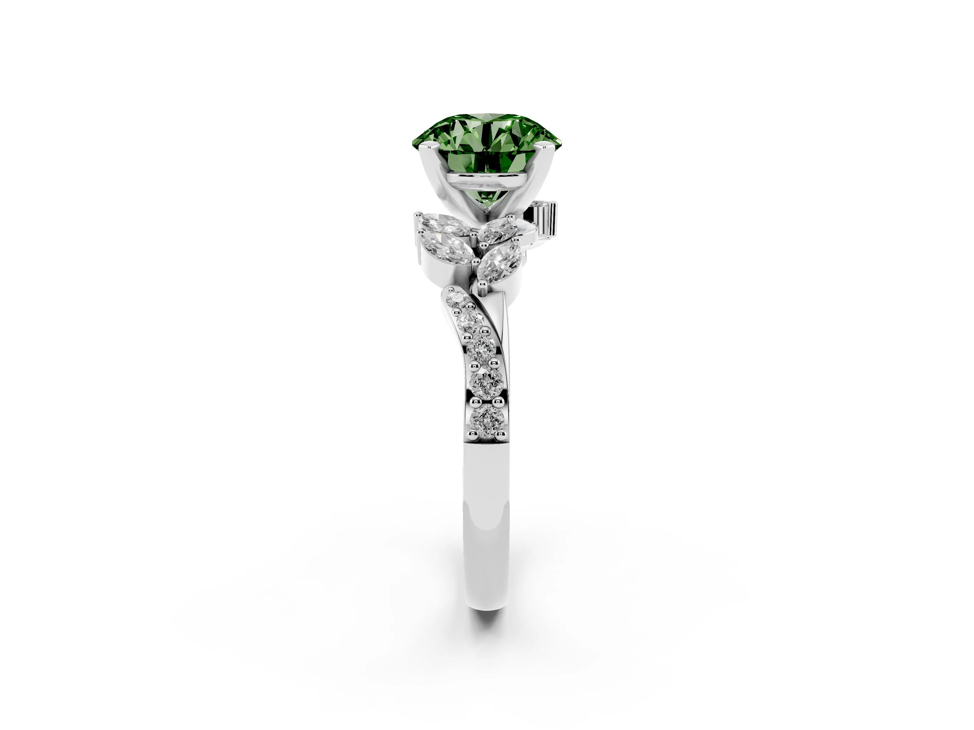 Fancy Green Round Cut Diamond Solitaire Ring Set in Silver with Marquise Twist Band and Prong Setting