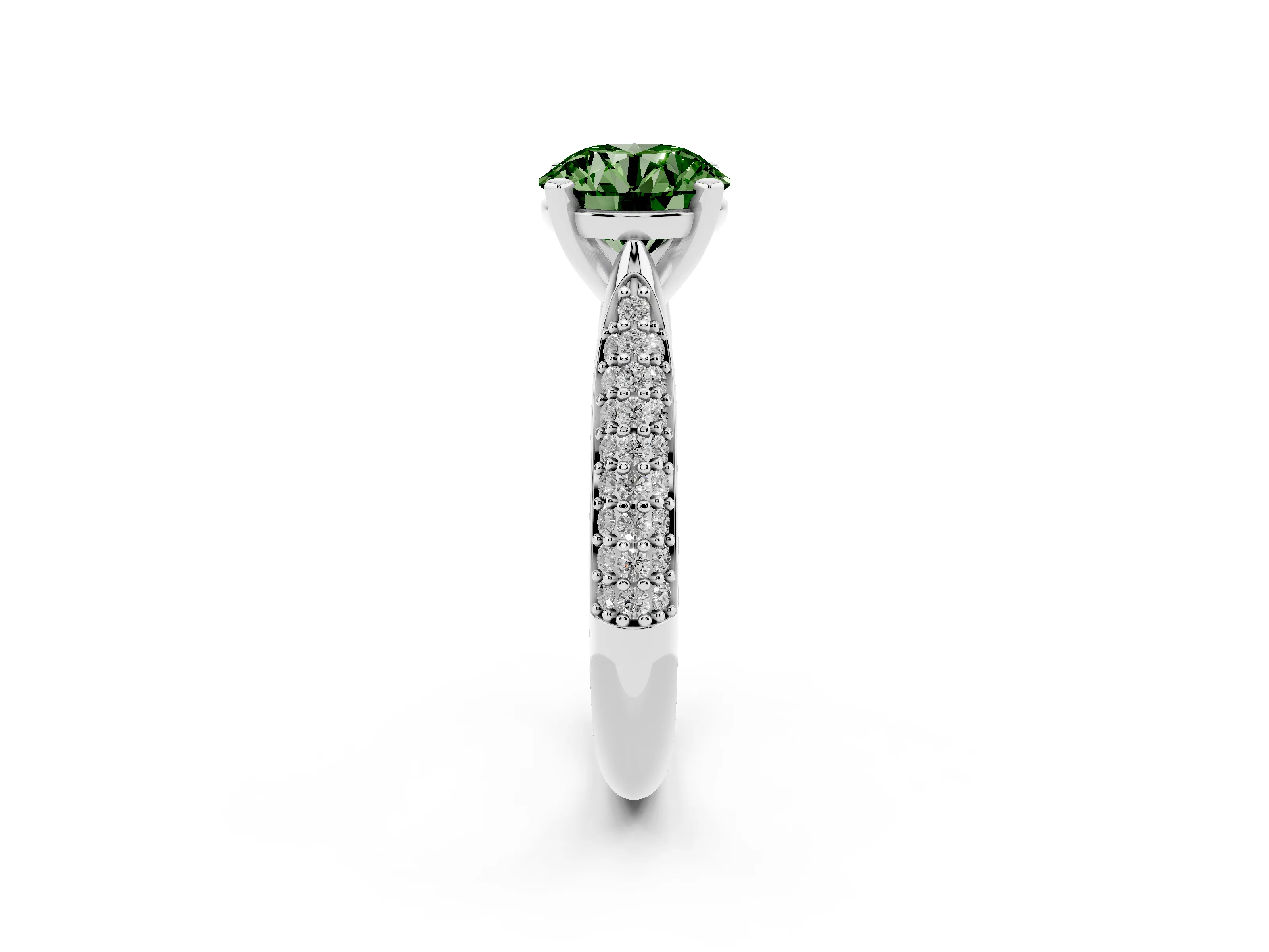 Fancy Green Round Cut Diamond Solitaire Engagement Ring Set in Platinum with Multi-Row Round Pavé Band and Prong Setting