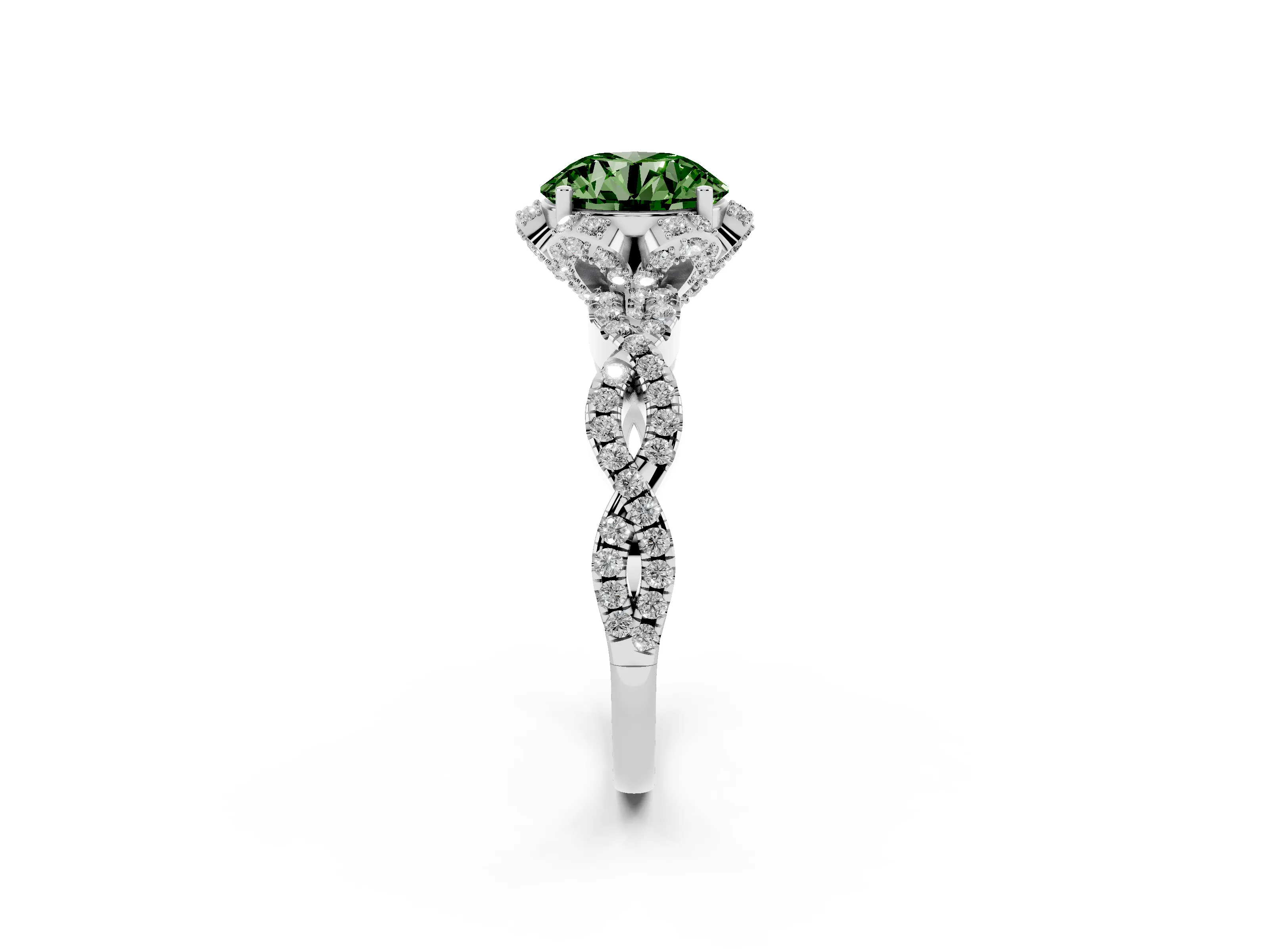 Fancy Green Round Cut Diamond Halo Twist Band Solitaire Ring Set in White gold with Prong-Set Center Stone