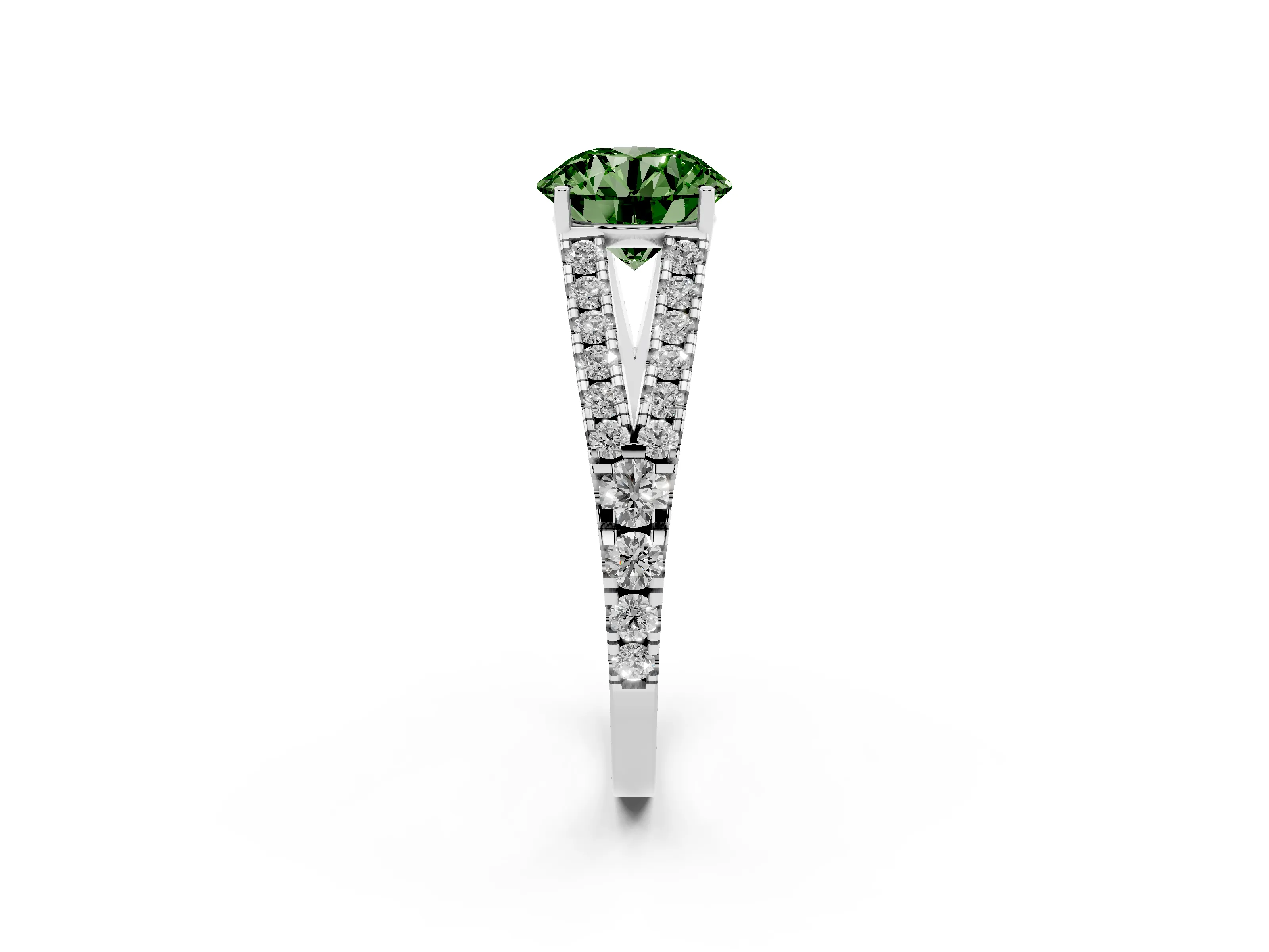 Fancy Green Round Cut Diamond Split Shank Pavé Engagement Ring Set in Silver with Prong-Held Center Stone