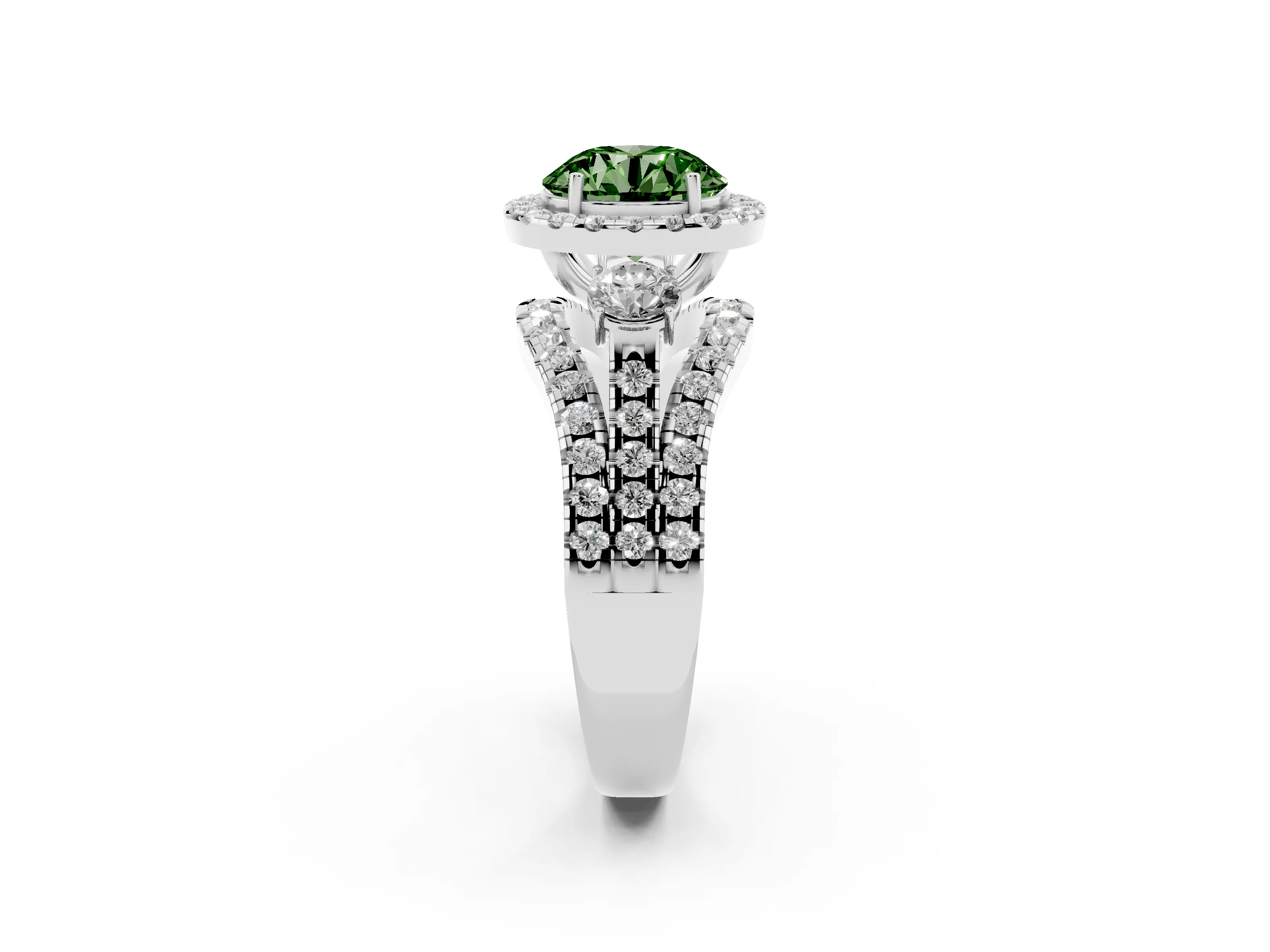 Fancy Green Round Cut Diamond Halo Split Shank Ring Set in Silver with Round Accent Stones and Prong Setting