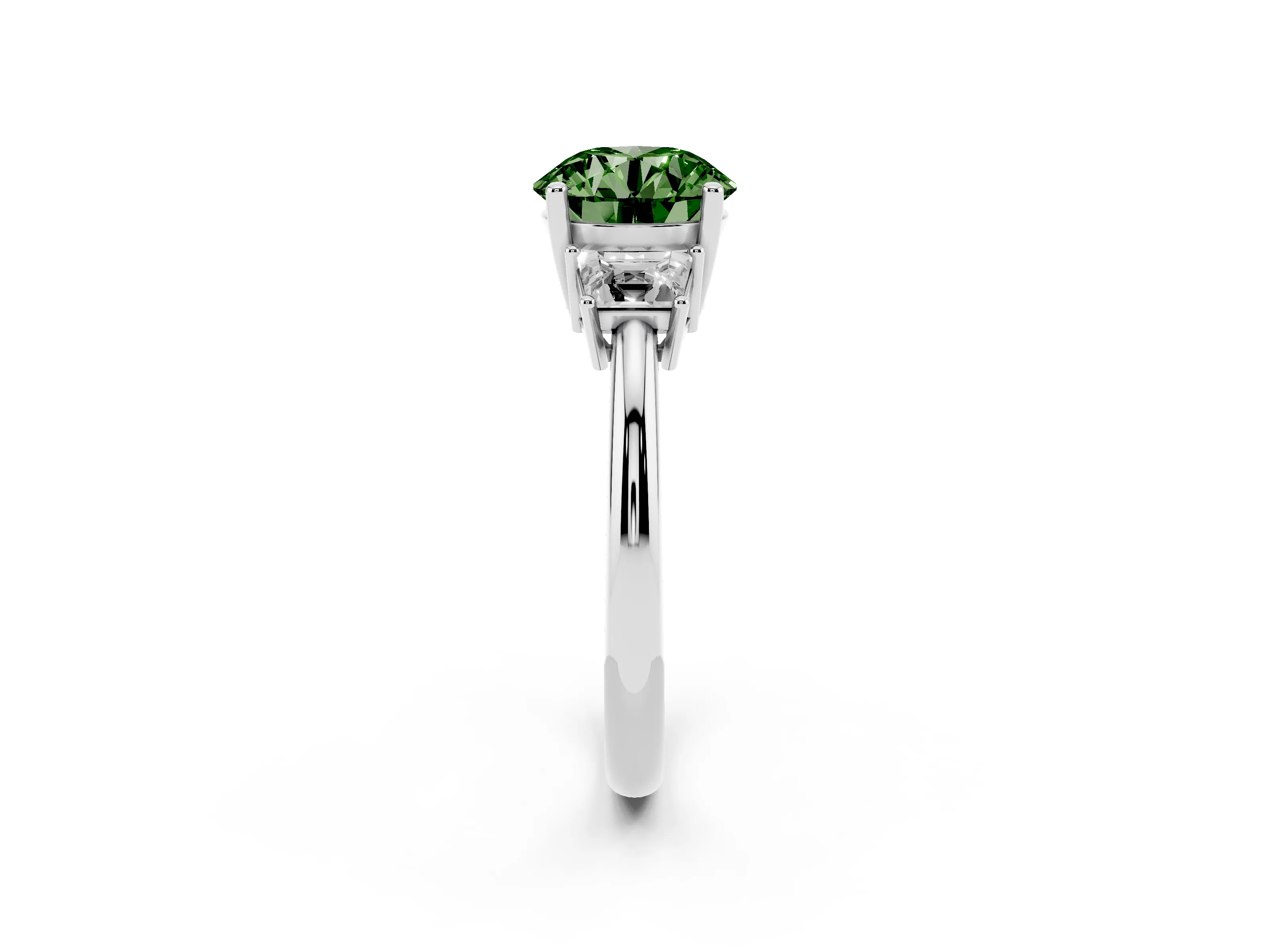 Fancy Green Round Cut Diamond Three-Stone Ring Set in White gold with Trapezoid Side Stones and Prong Setting
