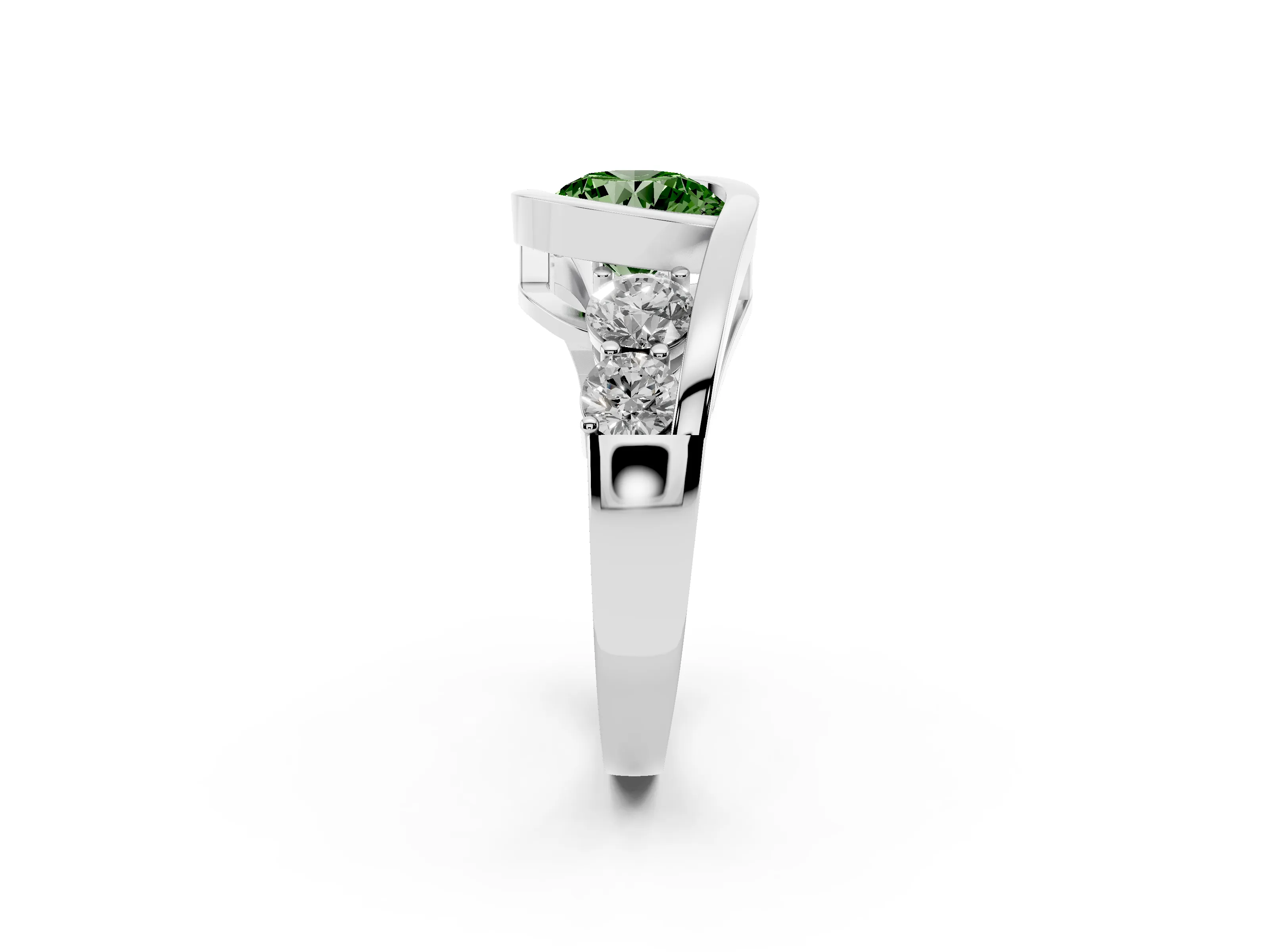 Fancy Green Round Cut Diamond Bezel Bypass Ring Set in Silver with Round Accents