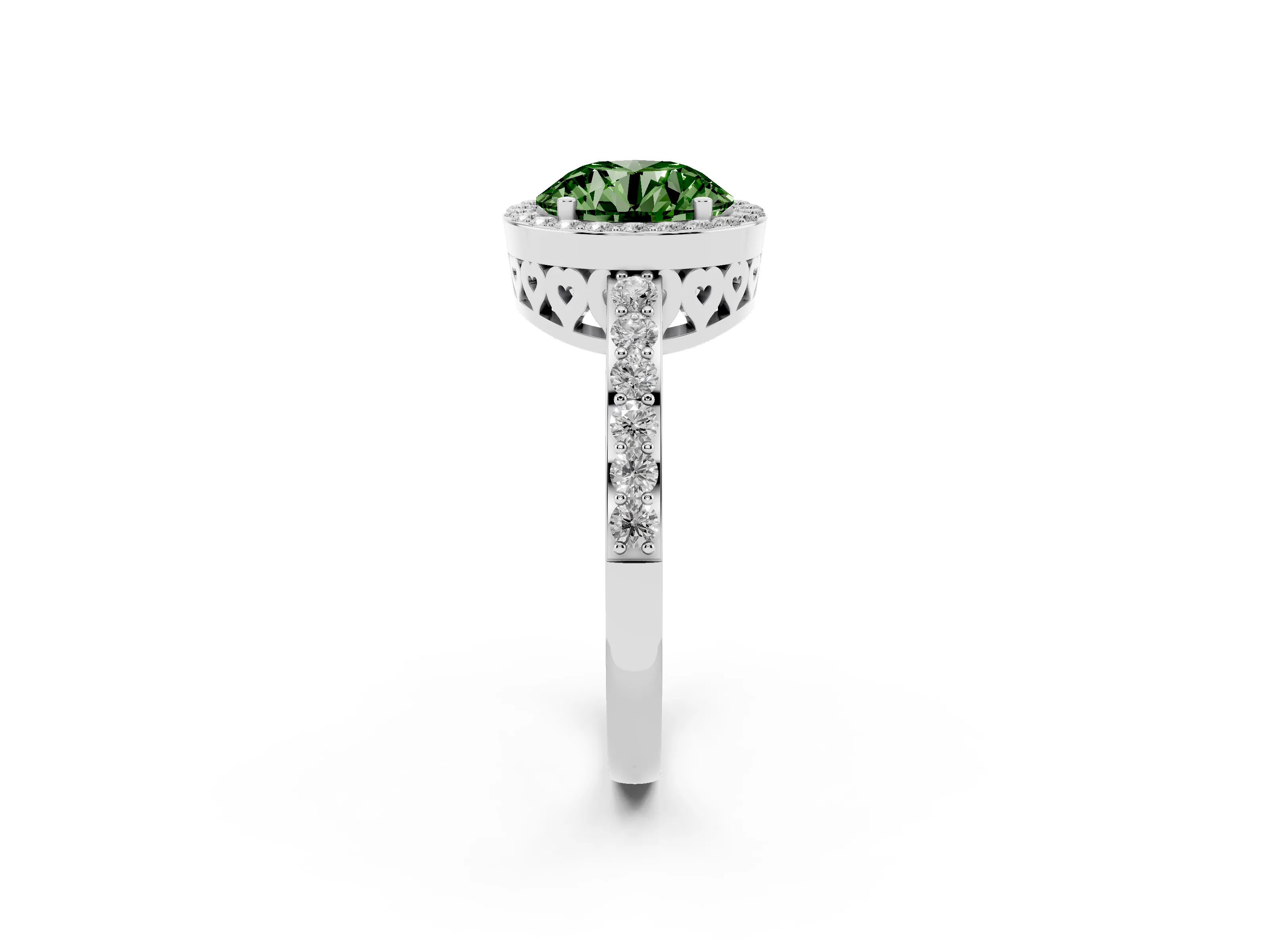 Fancy Green Round Cut Diamond Halo Ring Set in White gold with Pavé-Setting Band and Open Prong Center