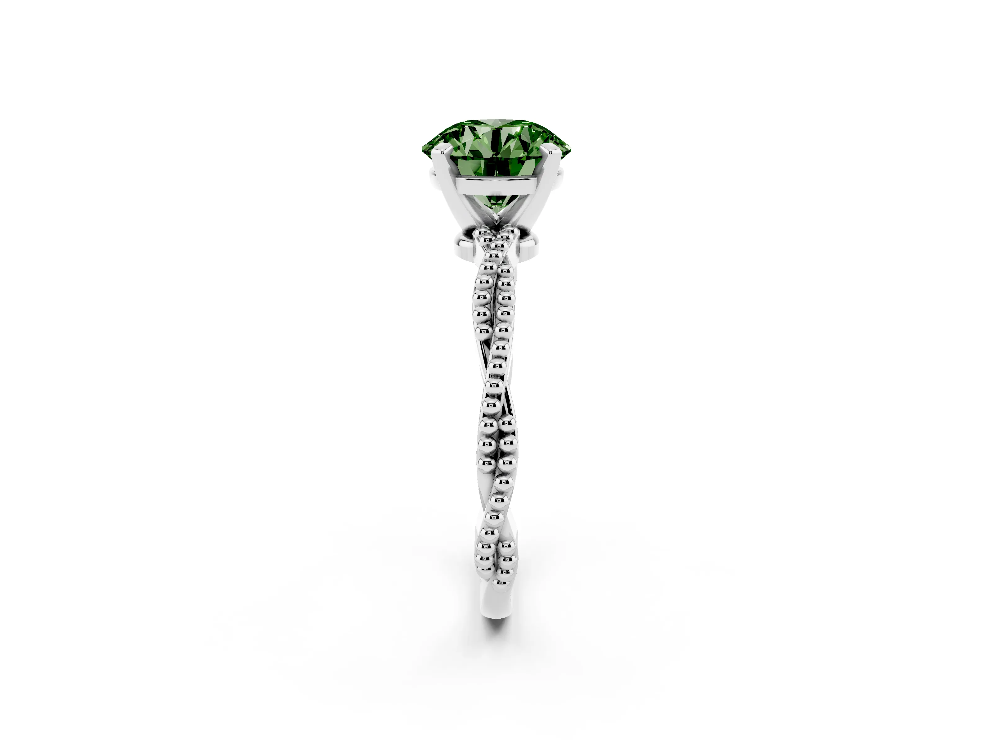 Fancy Green Round Cut Diamond Solitaire Ring Set in White gold with Twisted Band and Bead Prong Setting