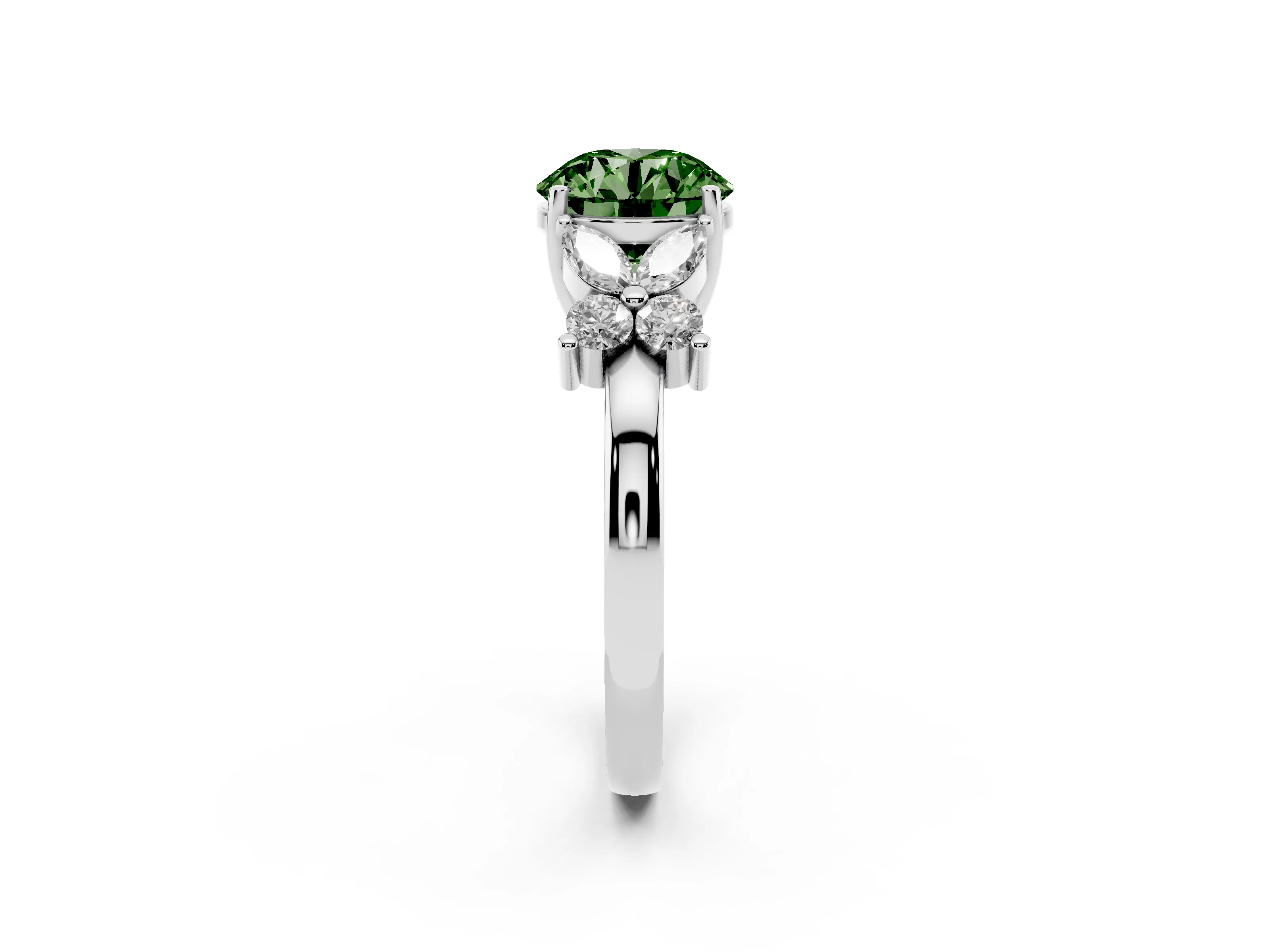 Fancy Green Round Cut Diamond Floral Cluster Ring Set in Platinum with Marquise Petals and Prong Setting