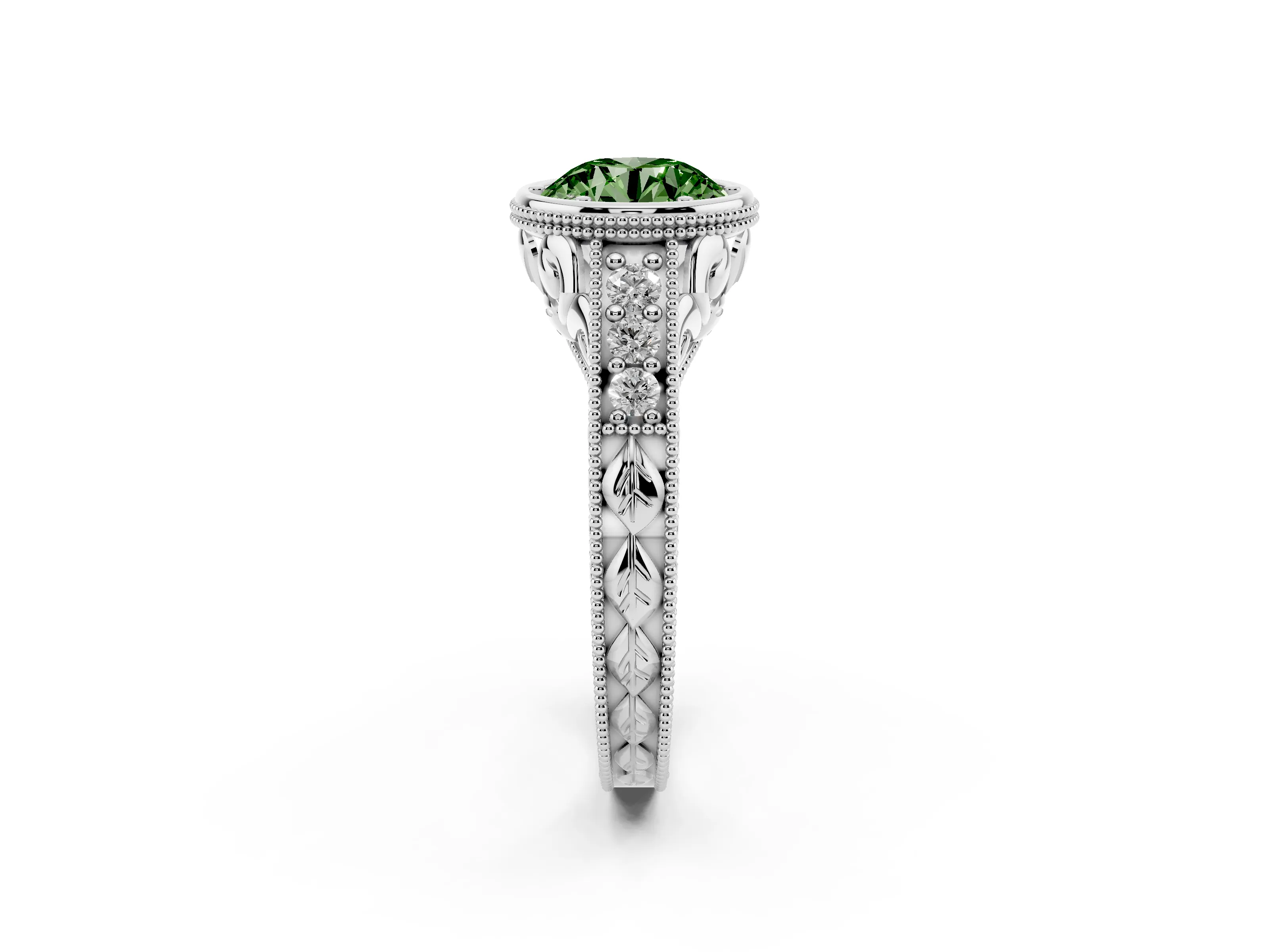 Fancy Green Bezel Set Round Cut Diamond Milgrain Pavé Engagement Ring Set in Silver