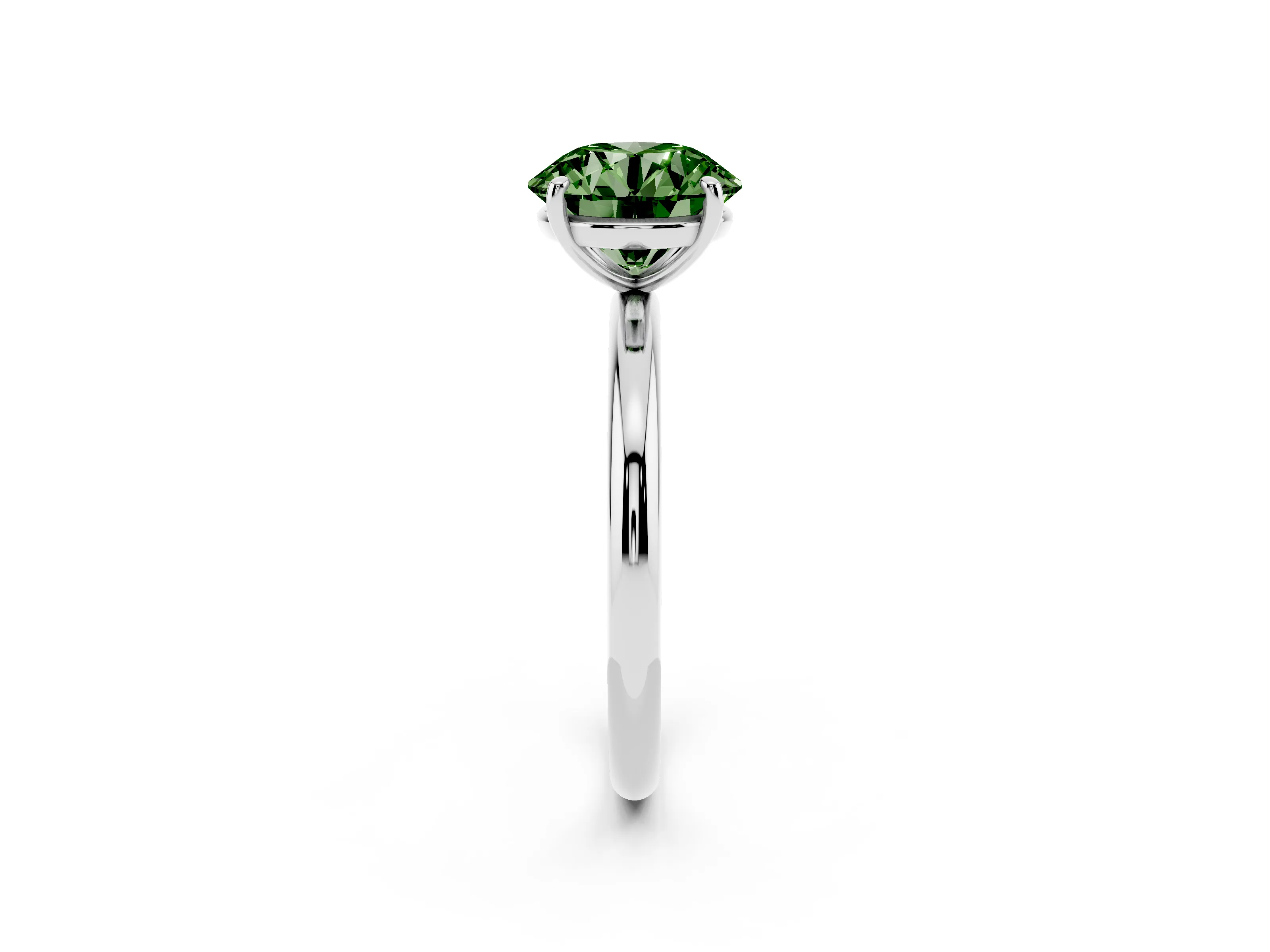 Fancy Green Round Cut Diamond Solitaire Ring Set in Platinum with Prong Setting on a Polished Plain Band