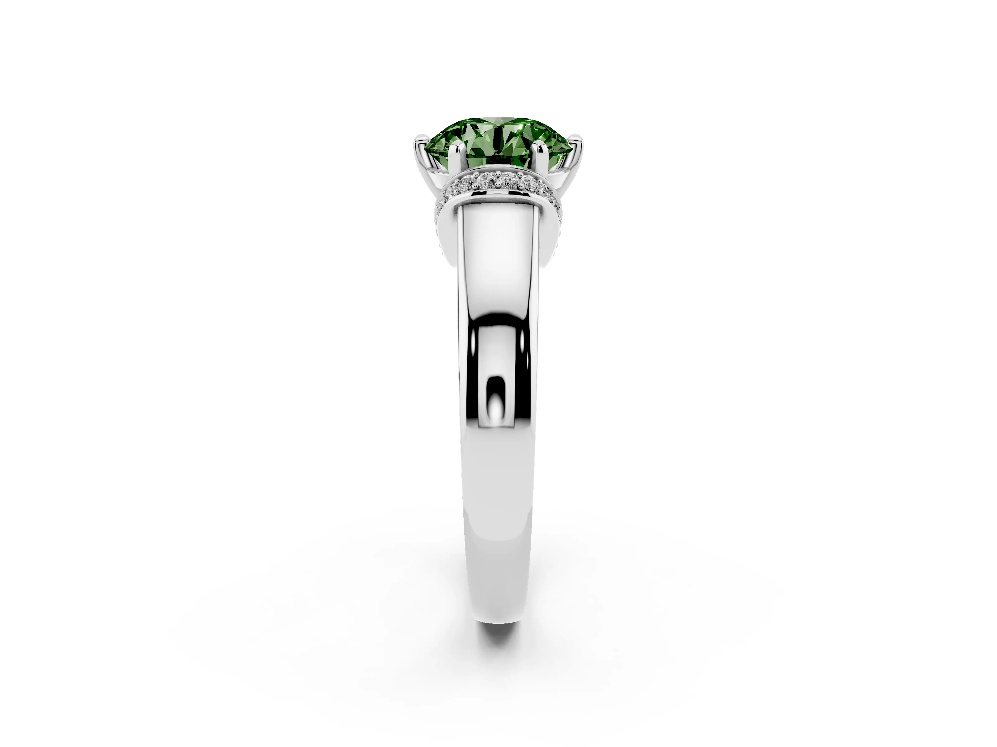 Fancy Green Round Cut Diamond Pavé Band Solitaire Ring Set in Silver with Prong Setting