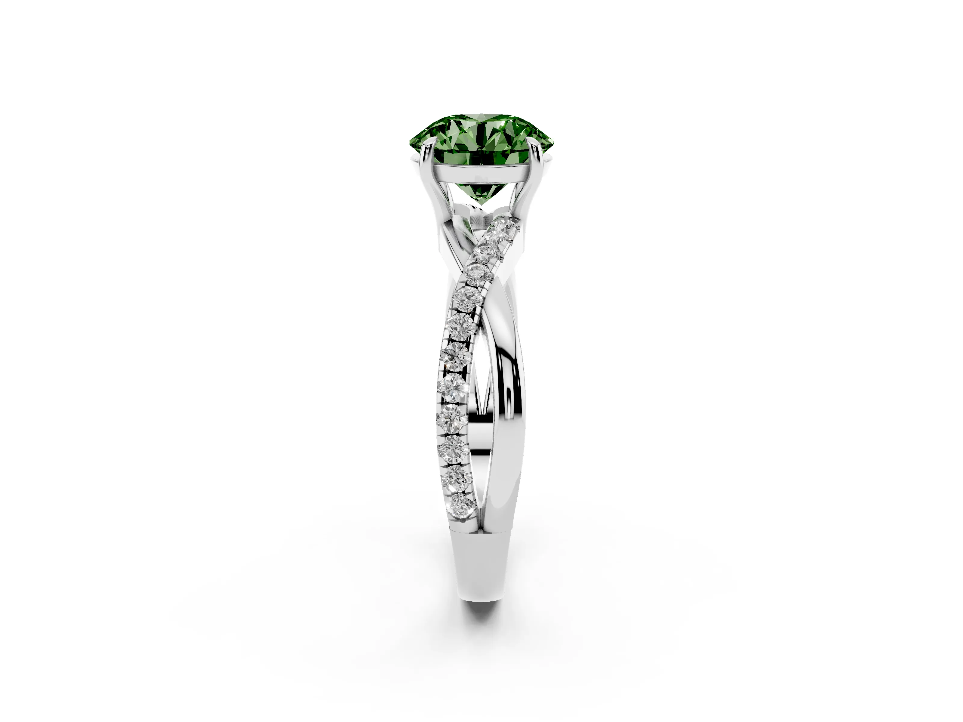 Fancy Green Round Cut Diamond Twisted Pavé Band Ring Set in Silver with Prong Setting