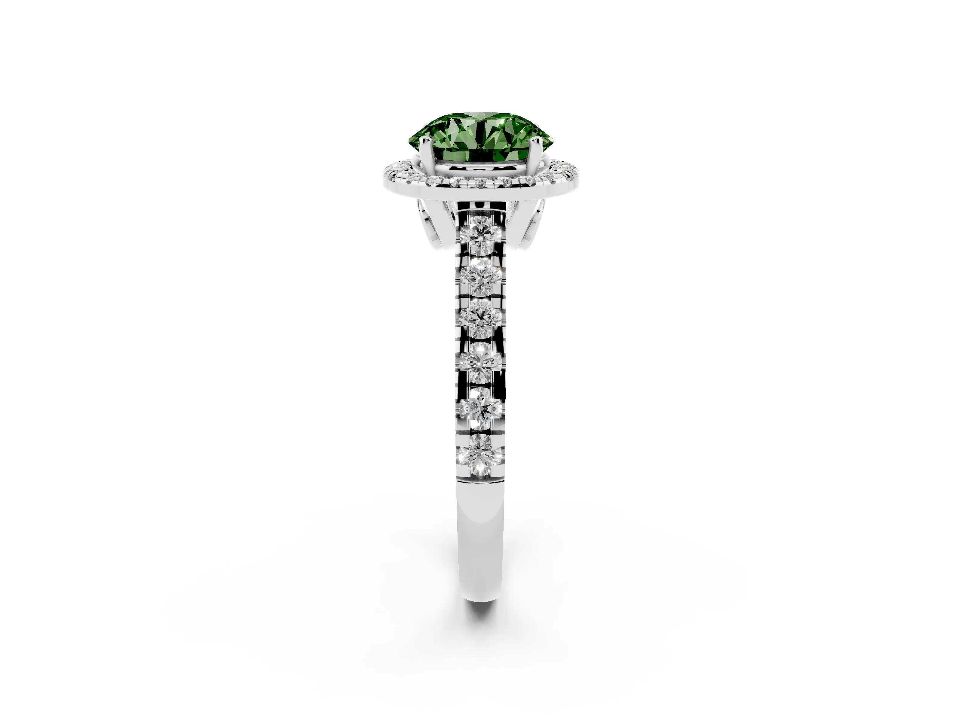 Fancy Green Round Cut Diamond Halo Engagement Ring Set in Platinum with Pavé Band and Prong-Set Center