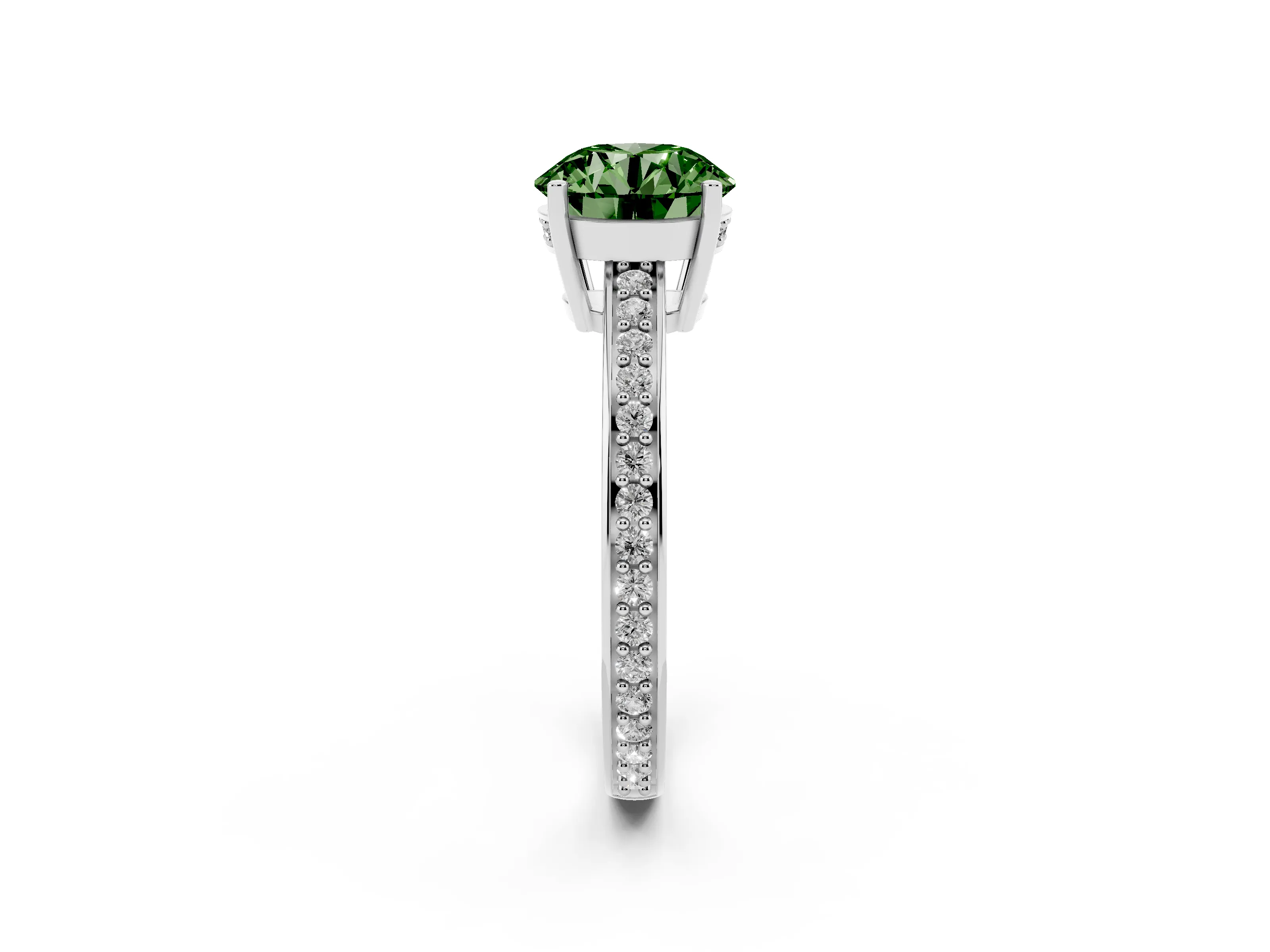 Fancy Green Round Cut Diamond Pavé Band Prong Set Solitaire Ring Set in Platinum
