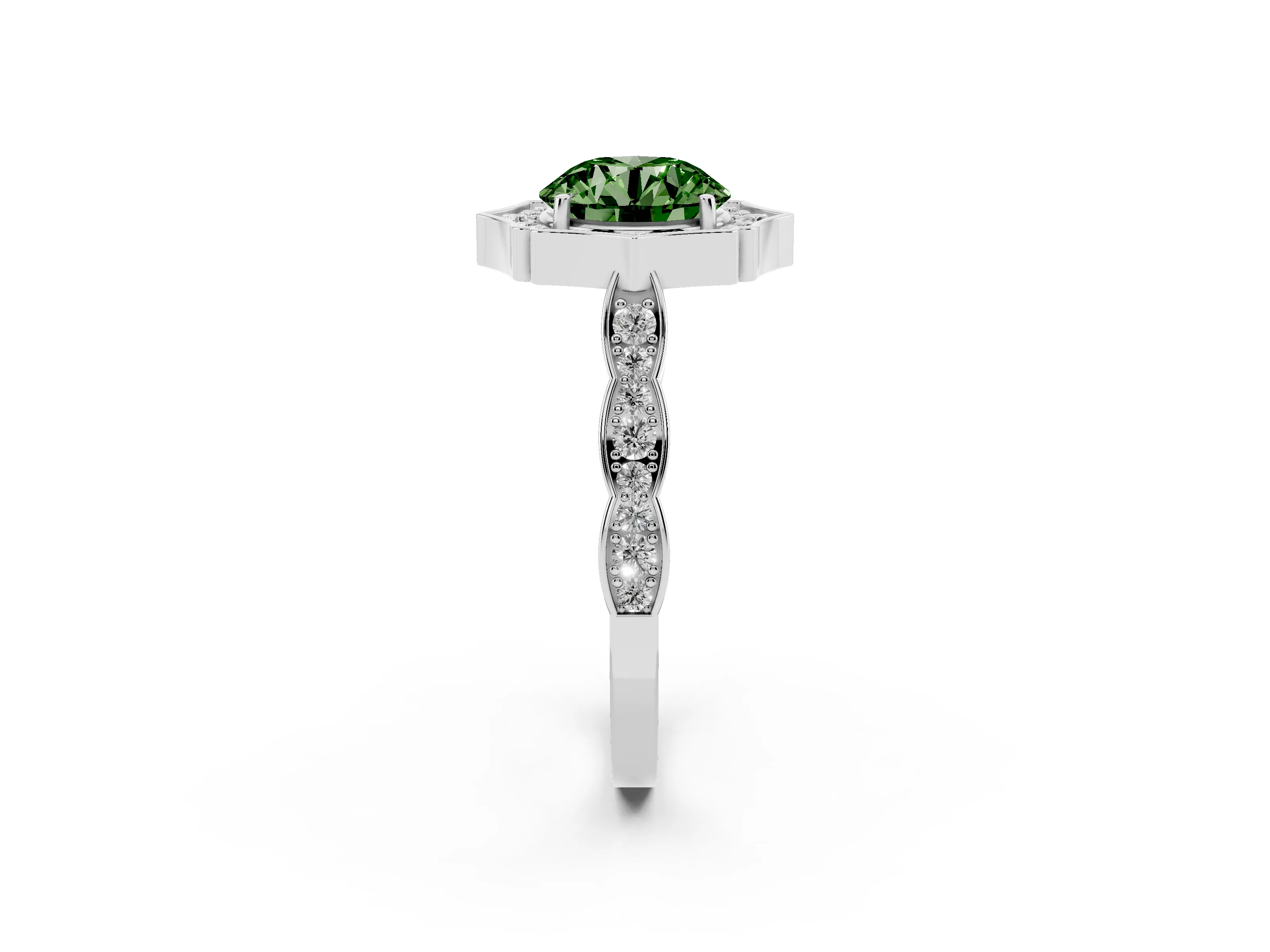 Fancy Green Round Cut Diamond Halo Engagement Ring Set in Silver with Milgrain Band and Prong Setting