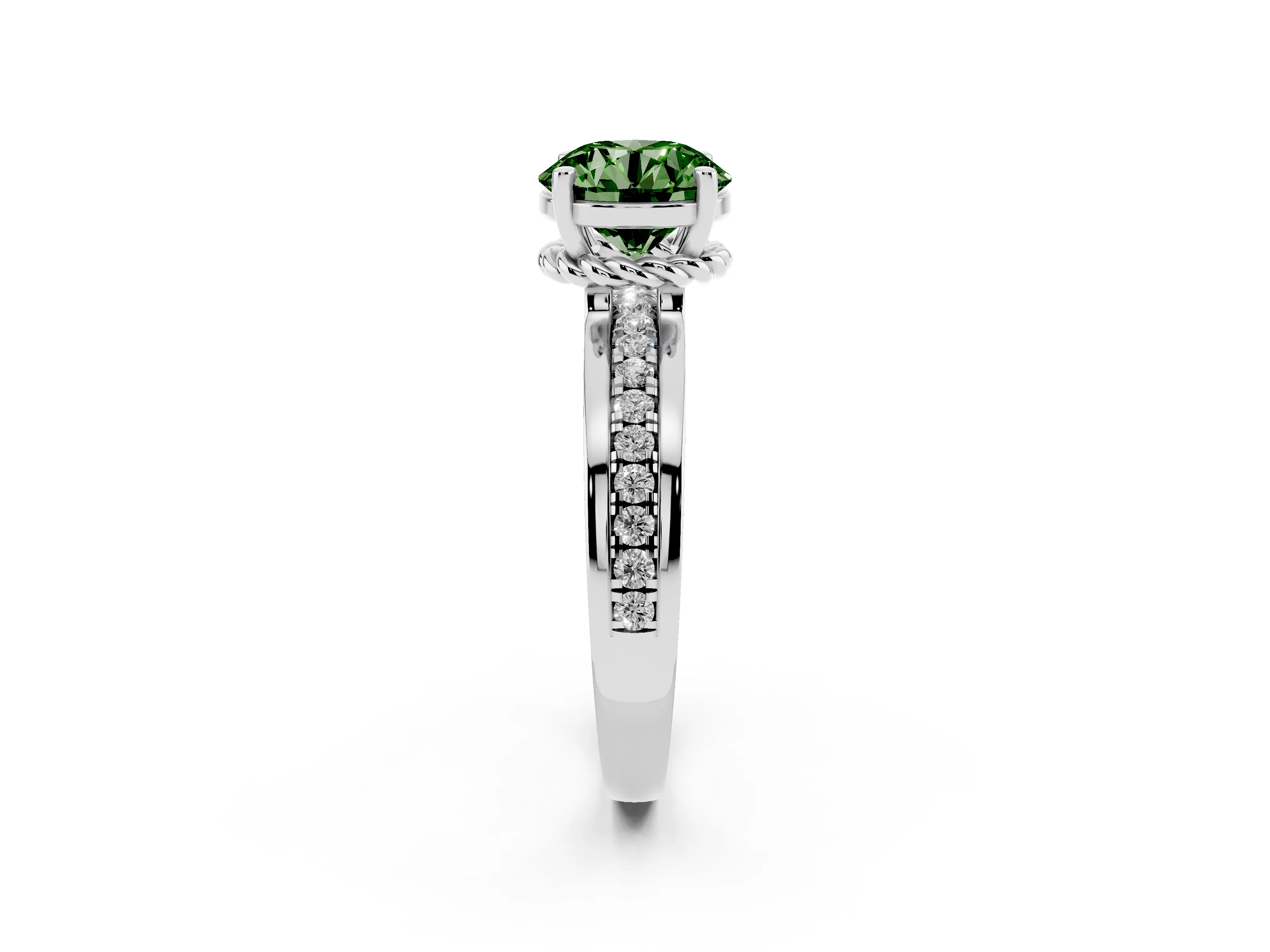 Fancy Green Round Cut Diamond Solitaire Ring Set in Silver with Channel Set Band and Prong Setting
