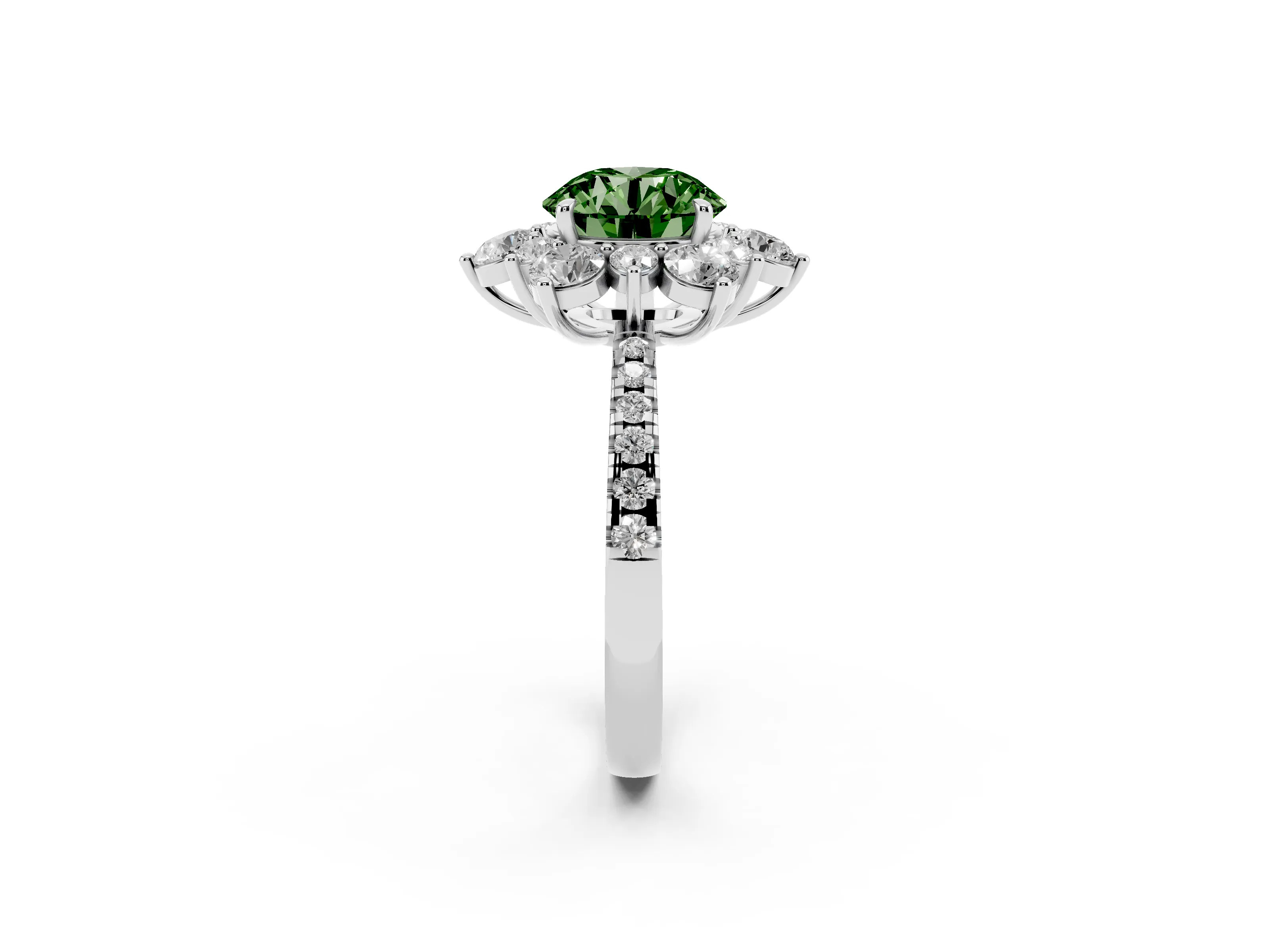 Fancy Green Round Cut Diamond Floral Halo Ring Set in Platinum with Round Pavé Band and Prong Setting