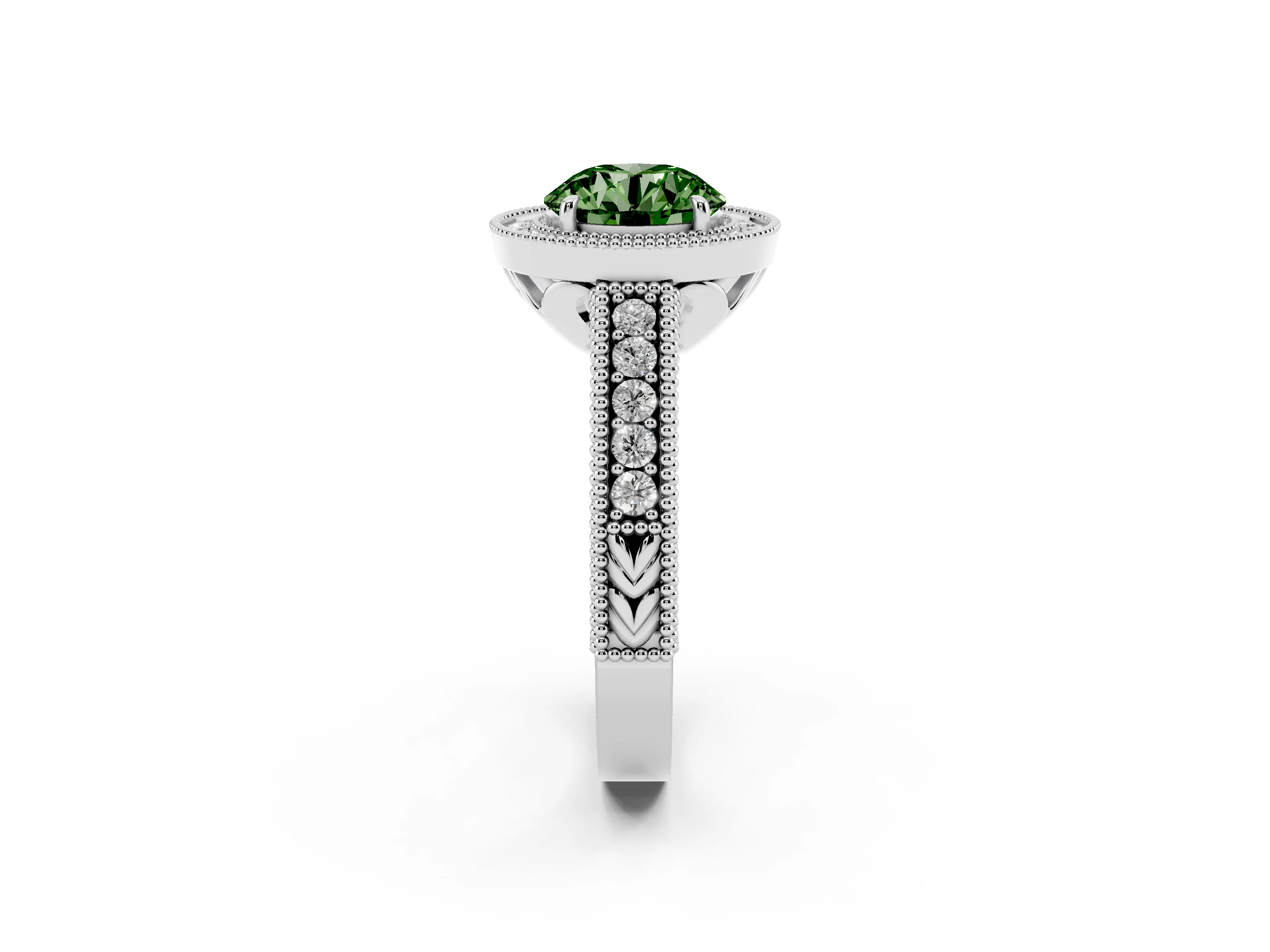 Fancy Green Round Cut Diamond Halo Ring Set in White gold with Round Accent Halo, Pavé Band and Prong Setting