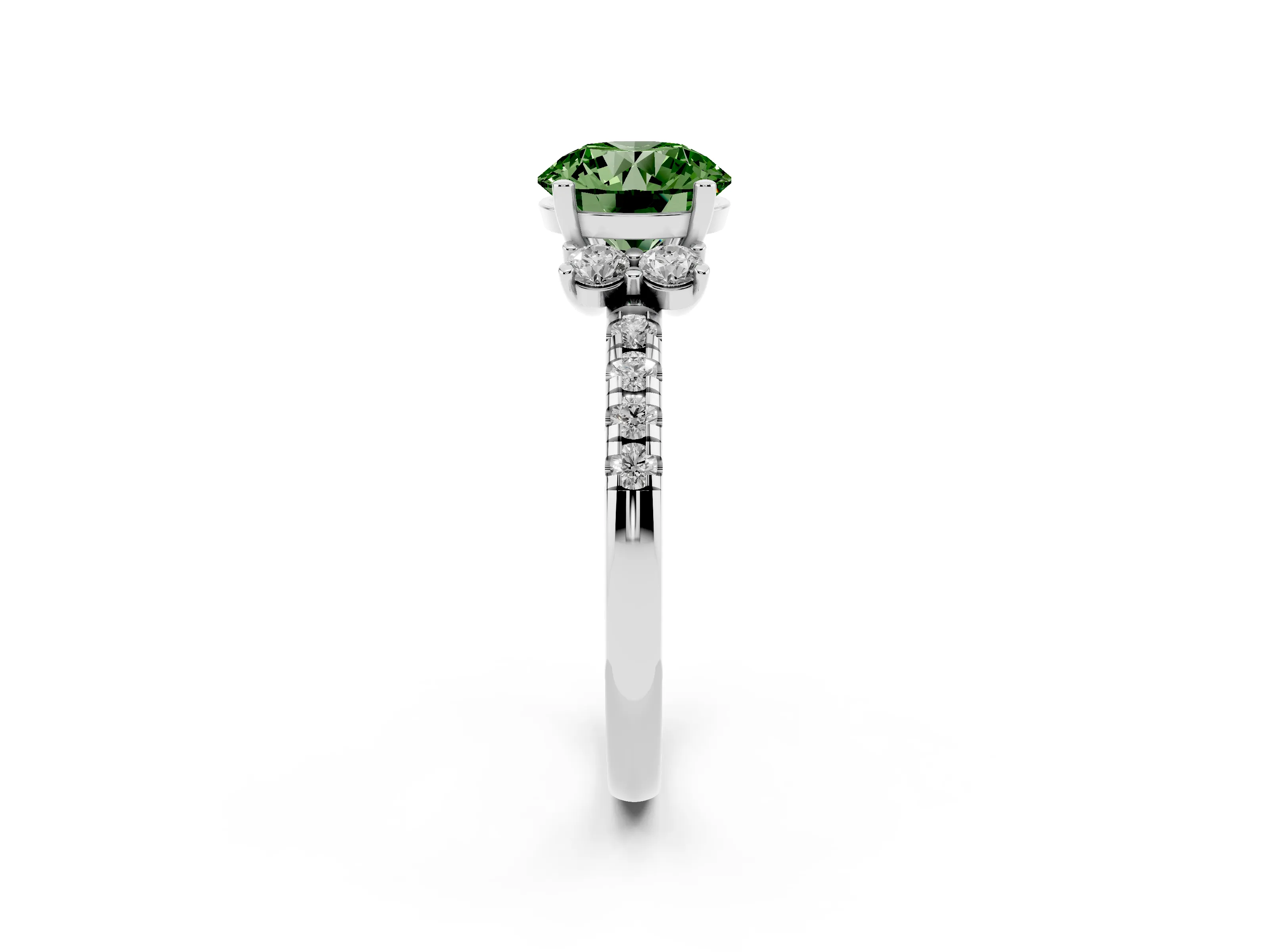 Fancy Green Round Cut Diamond Three-Stone Pavé Ring Set in White gold with Prong Setting