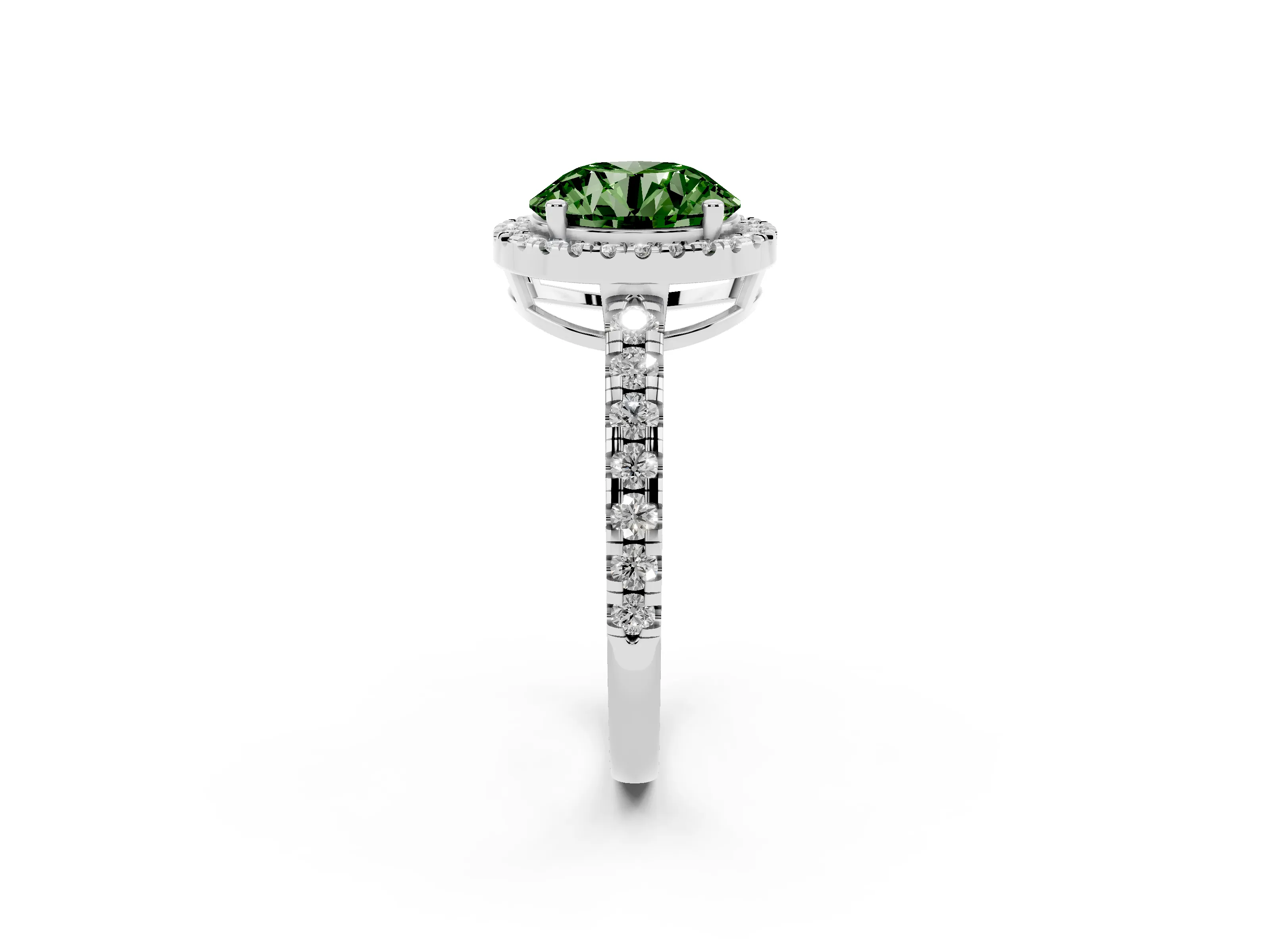 Fancy Green Round Cut Diamond Halo Ring Set in Silver with Delicate Pavé Band and Prong Setting